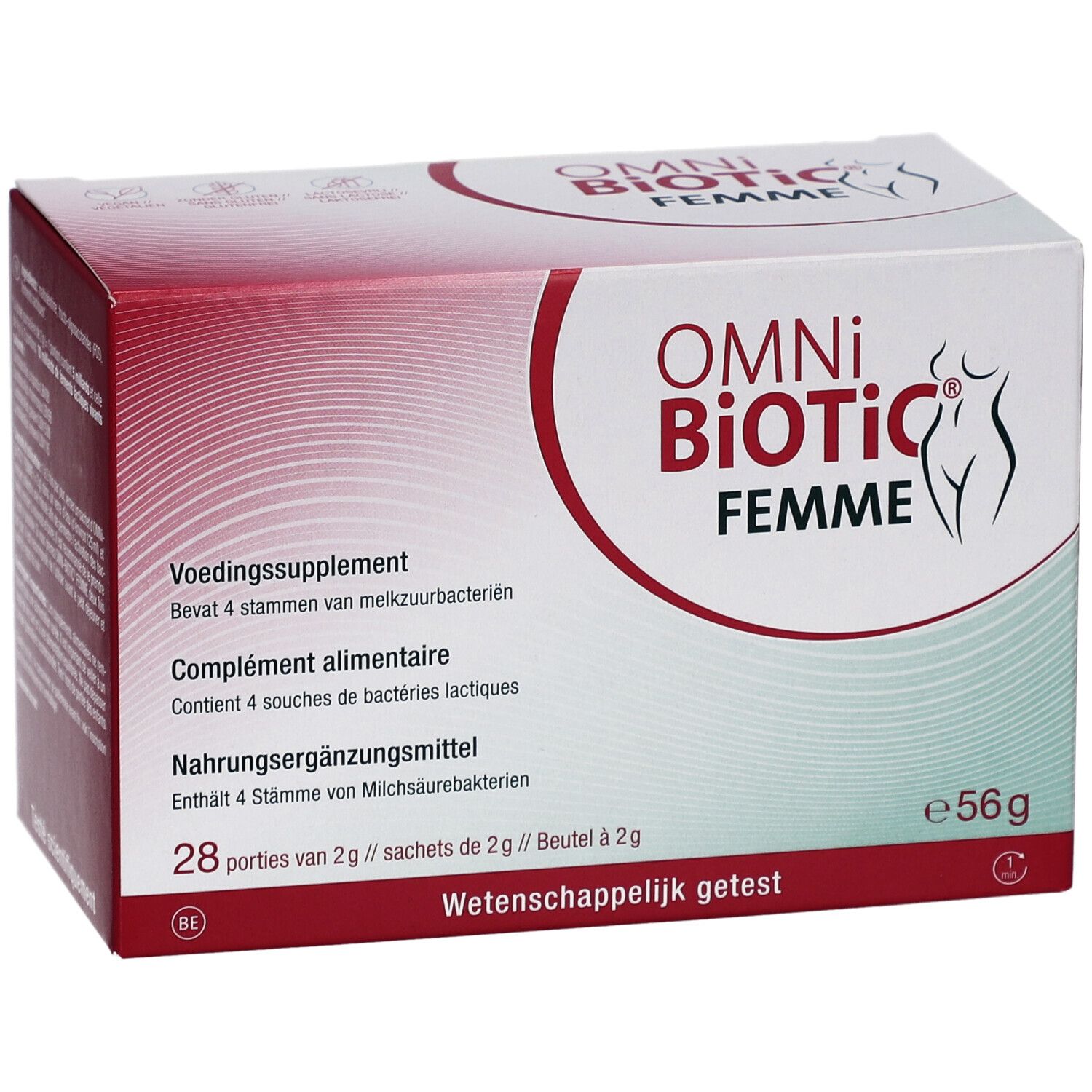 Omni-Biotic Femme-verpakking. Rode en witte doos met productnaam en logo. Bevat 28 zakjes.