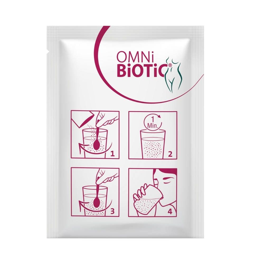 Enkele zakje Omni-Biotic Femme. Vier stappen voor bereiding: water, mengen, wachten, drinken.
