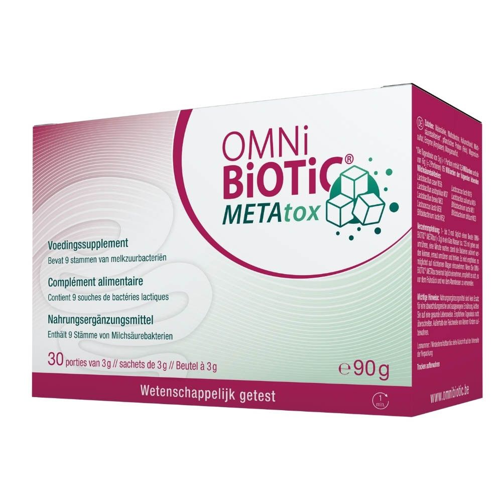 Omni-Biotic METAtox-verpakking. Bevat 30 porties. Opschrift: Wetenschappelijk getest.