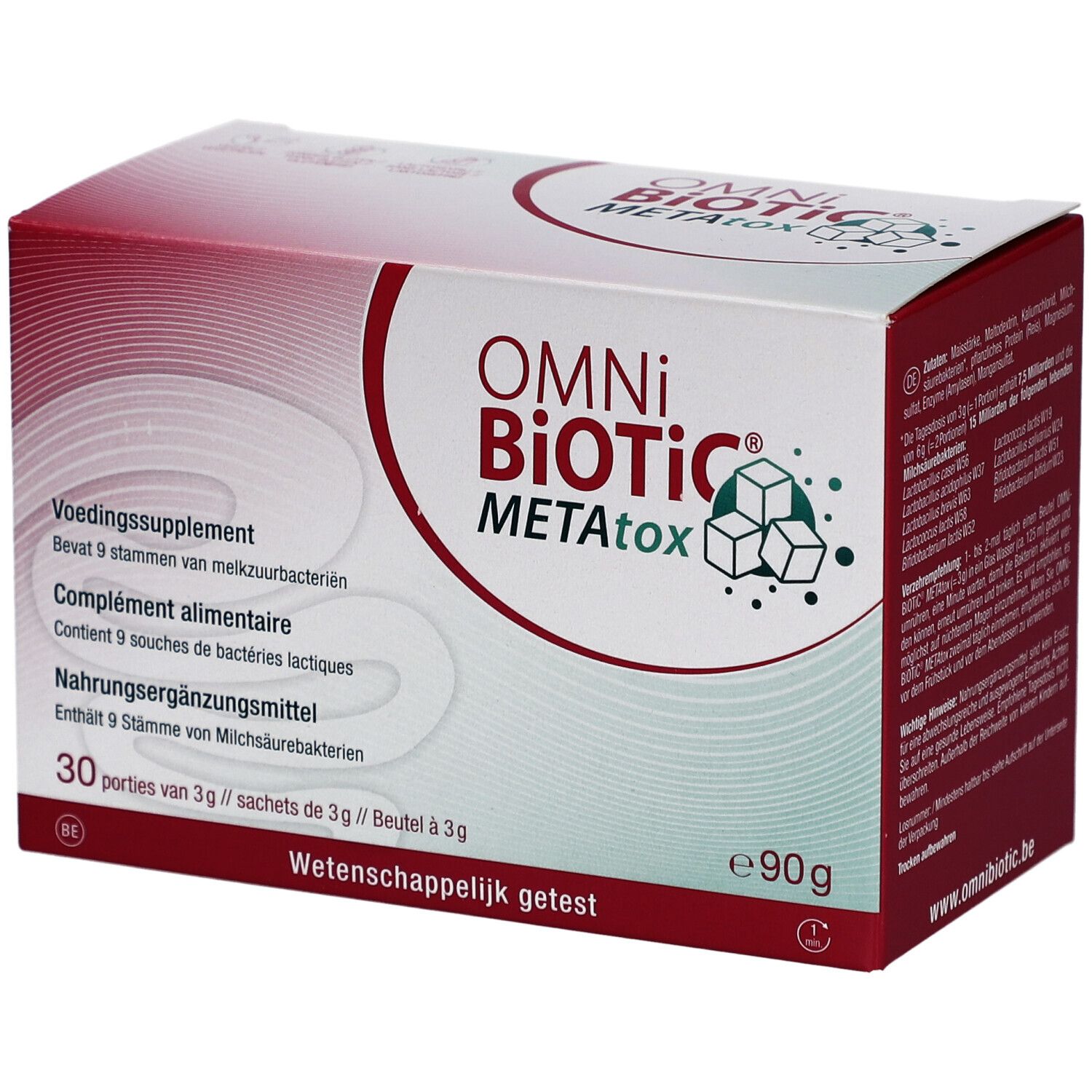 Omni-Biotic METAtox-verpakking. Bevat 30 porties. Opschrift: Wetenschappelijk getest.