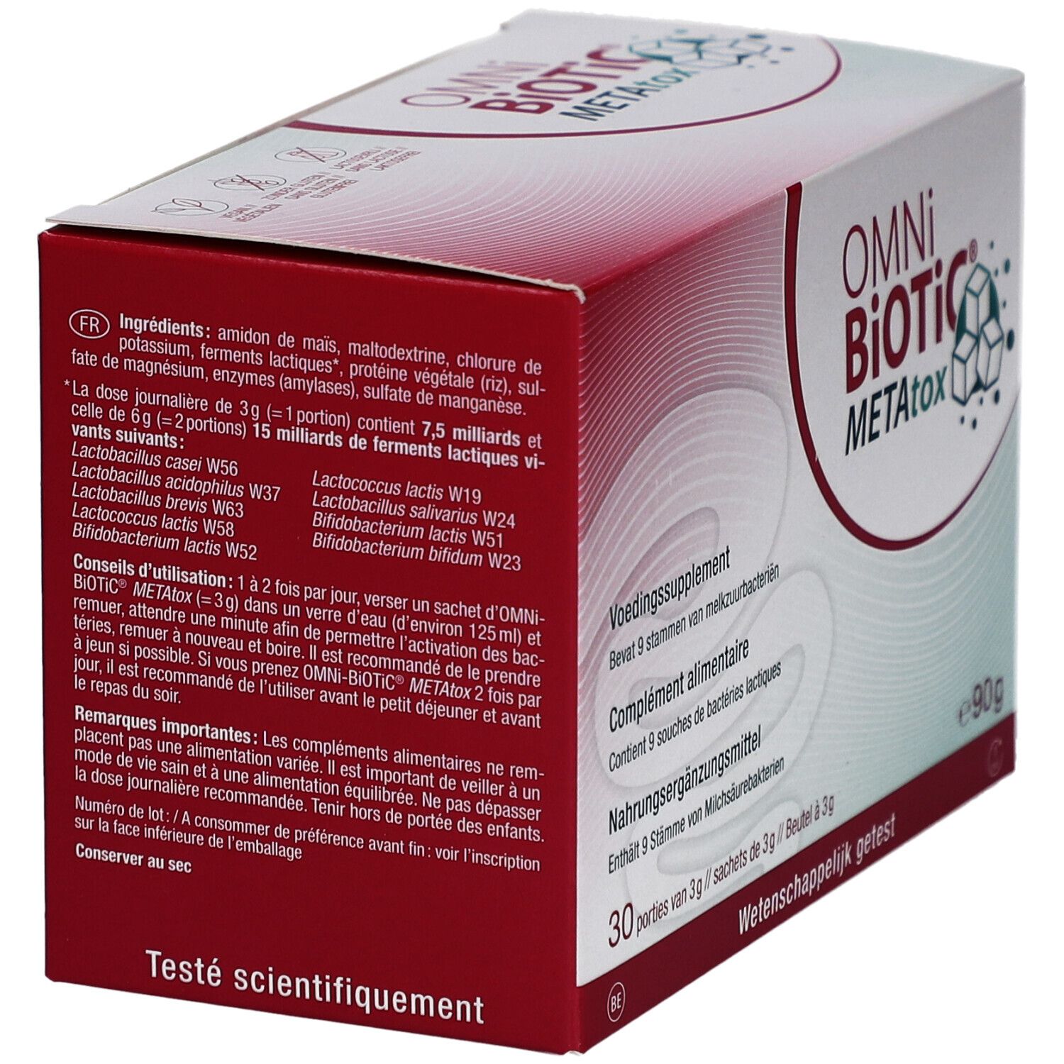 Omni-Biotic METAtox-verpakking. Ingrediënten en instructies. Opschrift: Wetenschappelijk getest.