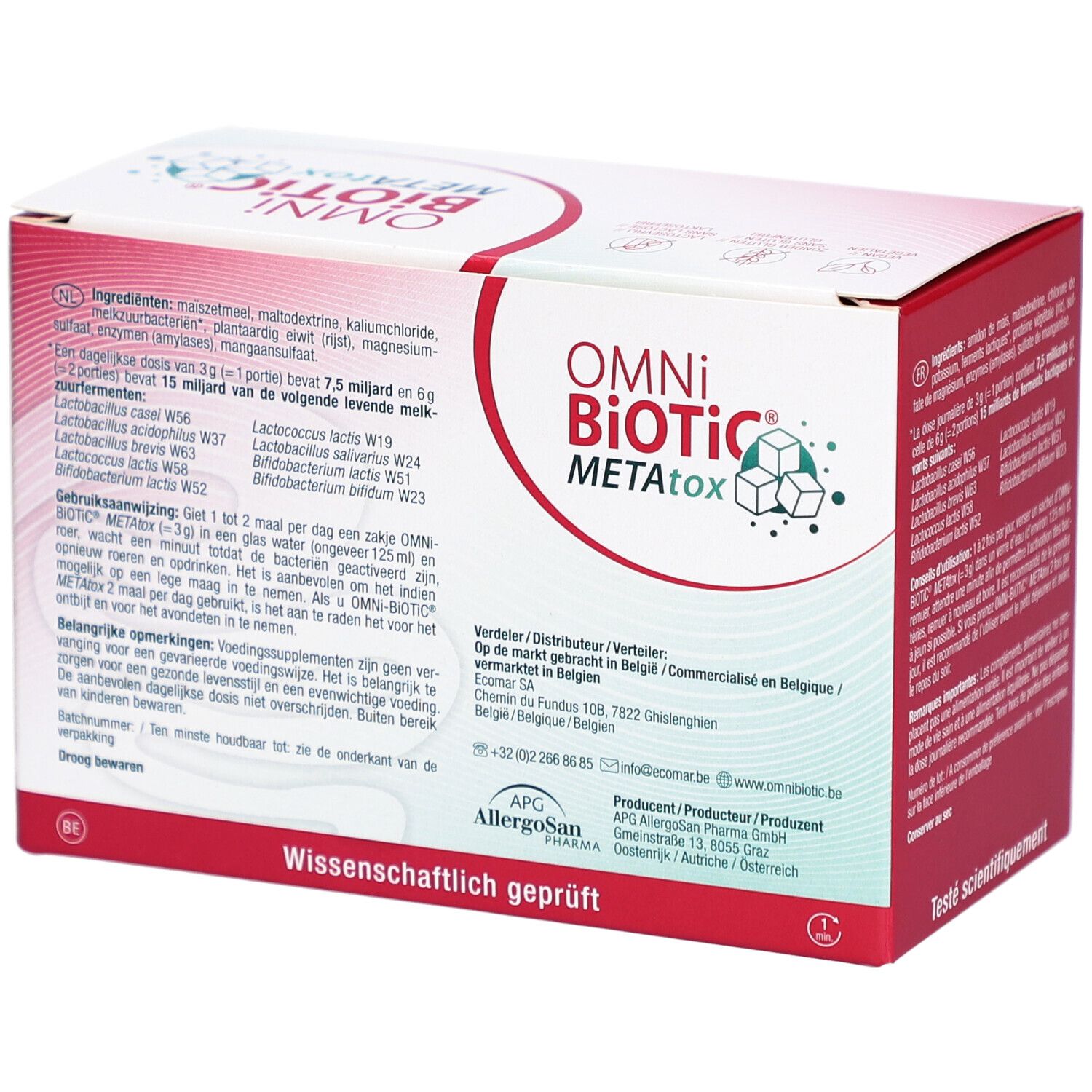 Omni-Biotic METAtox-verpakking. Ingrediënten en instructies. Opschrift: Wetenschappelijk getest.