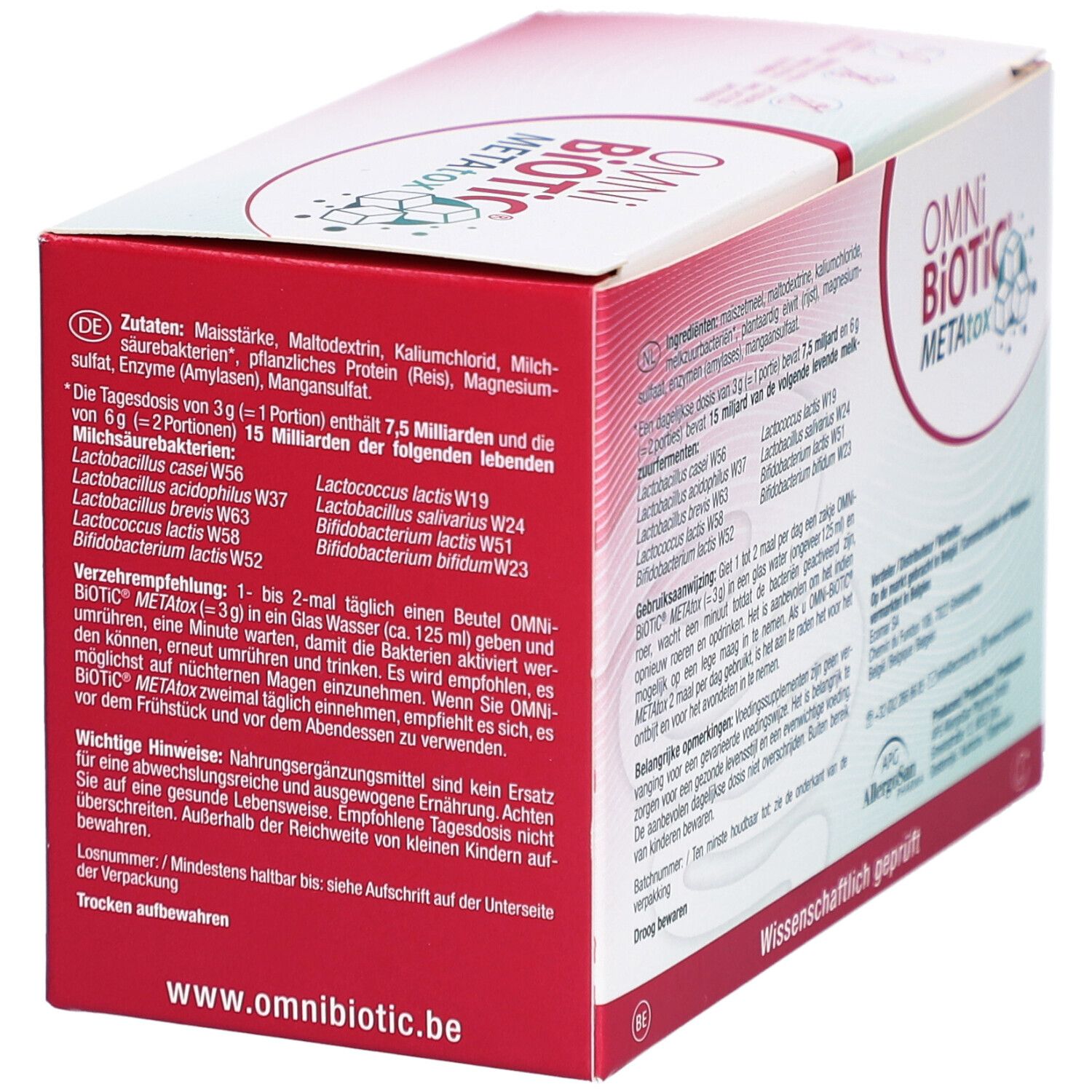 Omni-Biotic METAtox-verpakking. Ingrediënten en instructies. Opschrift: Wetenschappelijk getest.