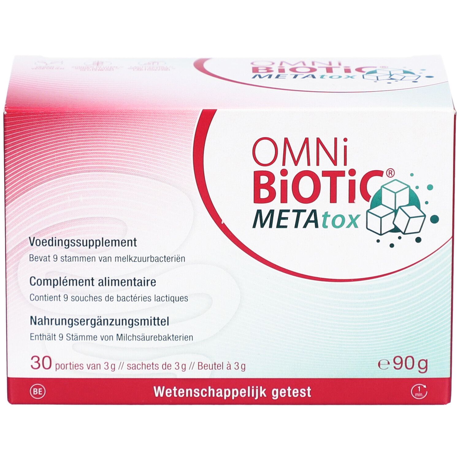 Omni-Biotic METAtox-verpakking. Bevat 30 porties. Opschrift: Wetenschappelijk getest.