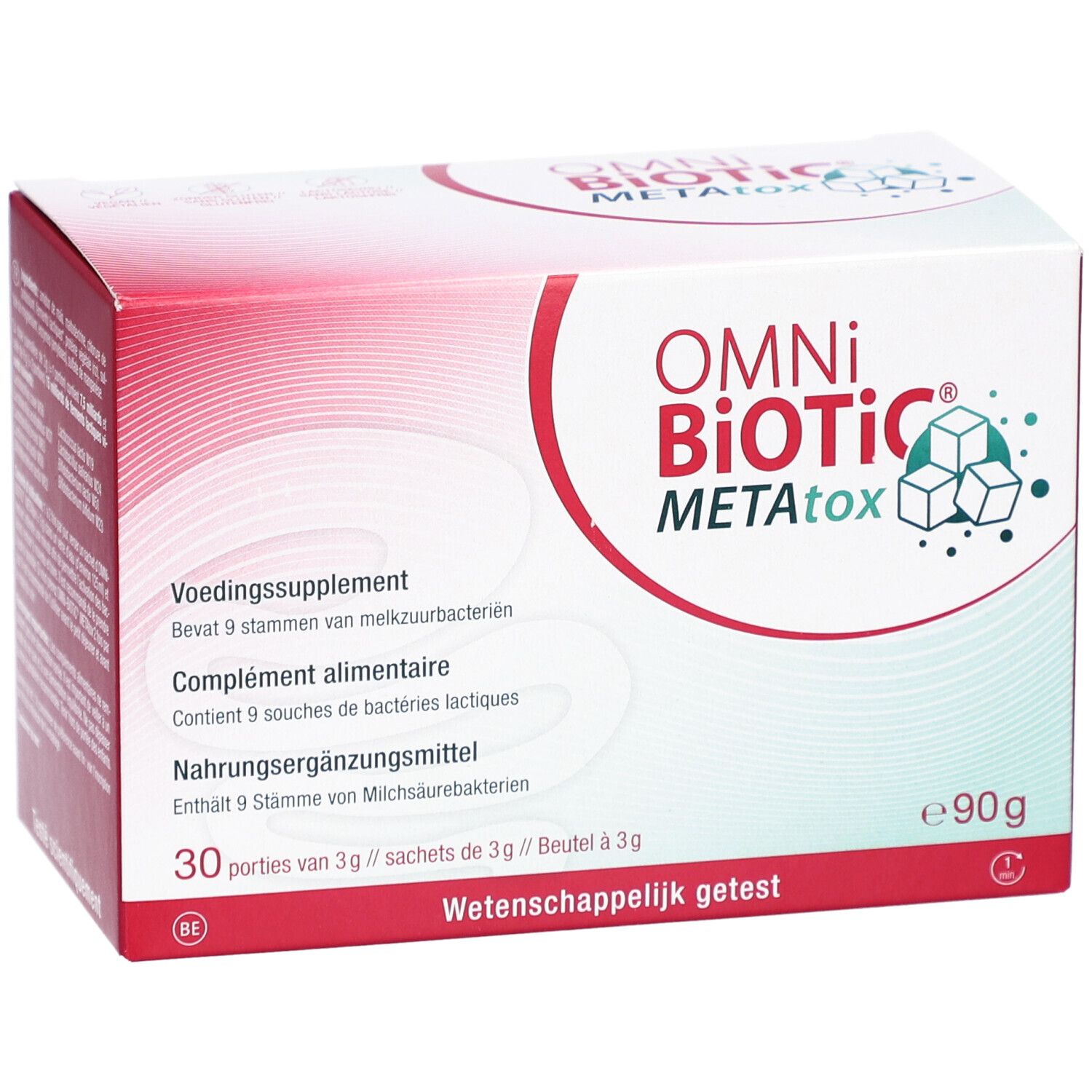 Omni-Biotic METAtox-verpakking. Bevat 30 porties. Opschrift: Wetenschappelijk getest.