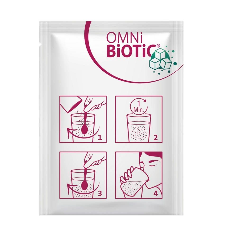 Omni-Biotic METAtox-zakje. Vier stappen voor gebruik. Productnaam en logo.