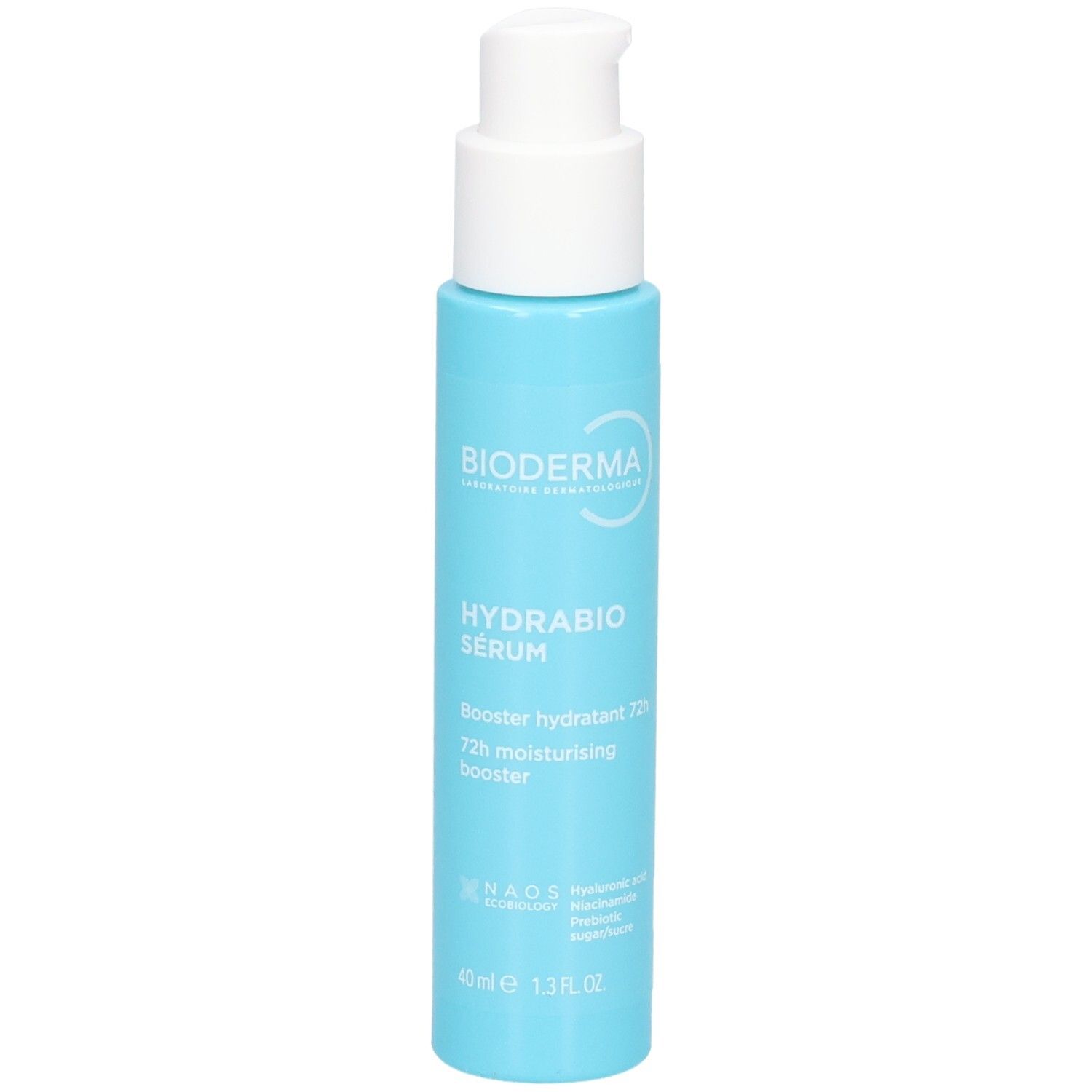 Hellblaue Pumpsprühflasche mit weißem Verschluss. Bioderma Hydrabio Serum 72h.