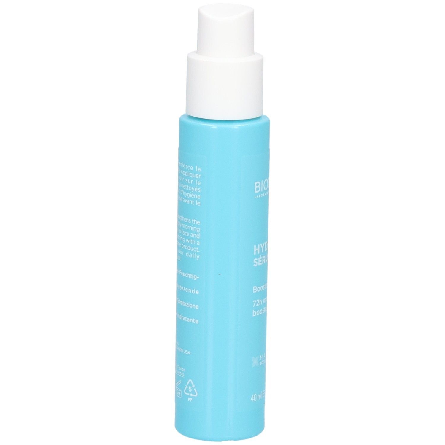 Rückseite einer hellblauen Pumpsprühflasche mit Produktinformationen und Text.
