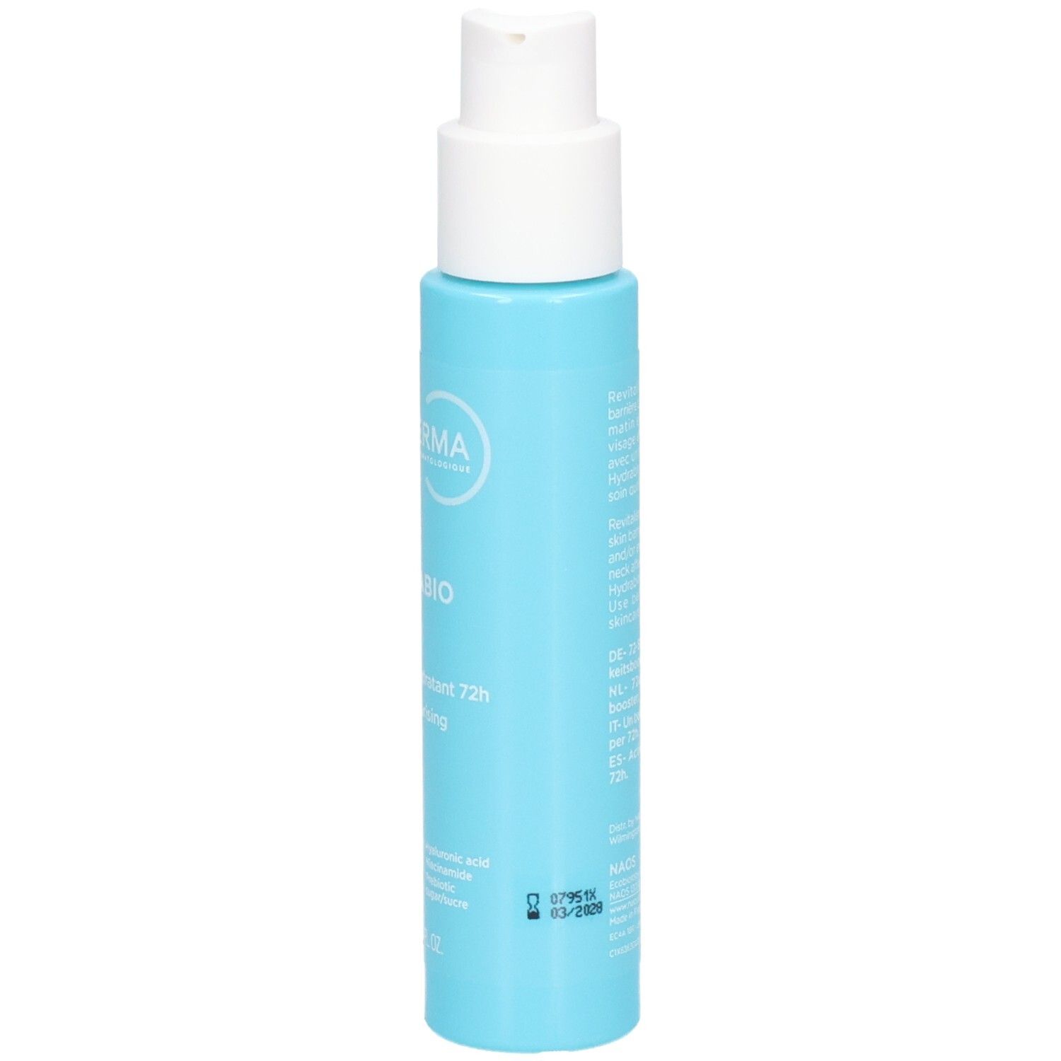 Hellblaue Pumpsprühflasche mit weißem Verschluss. Bioderma Hydrabio Serum 72h.