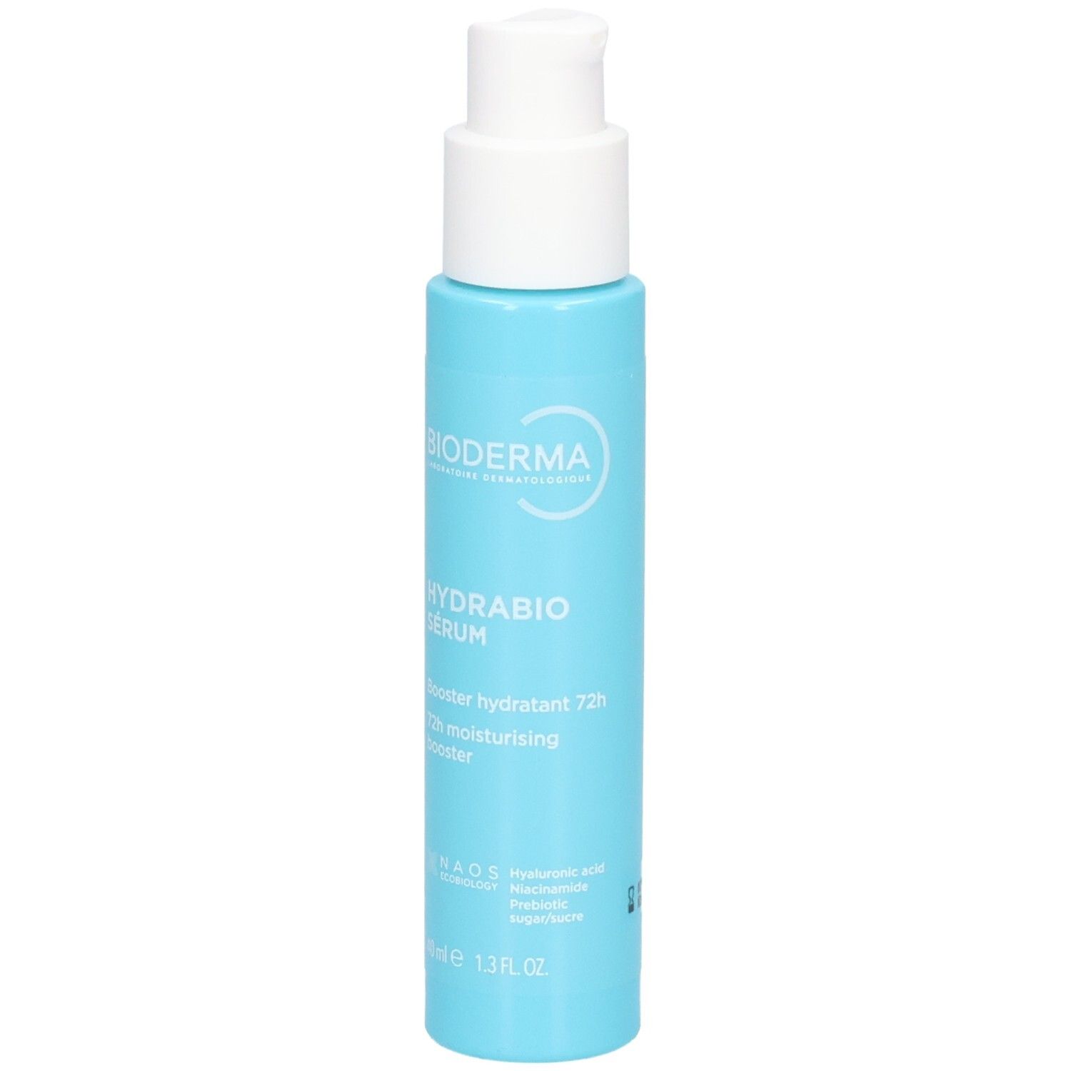 Hellblaue Pumpsprühflasche mit weißem Verschluss. Bioderma Hydrabio Serum 72h.