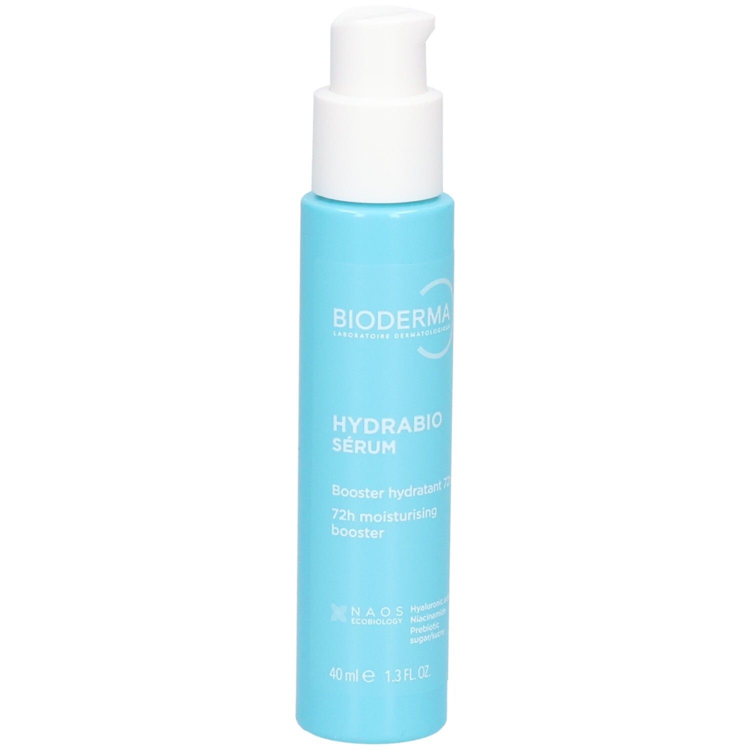 Hellblaue Pumpsprühflasche mit weißem Verschluss. Bioderma Hydrabio Serum 72h.