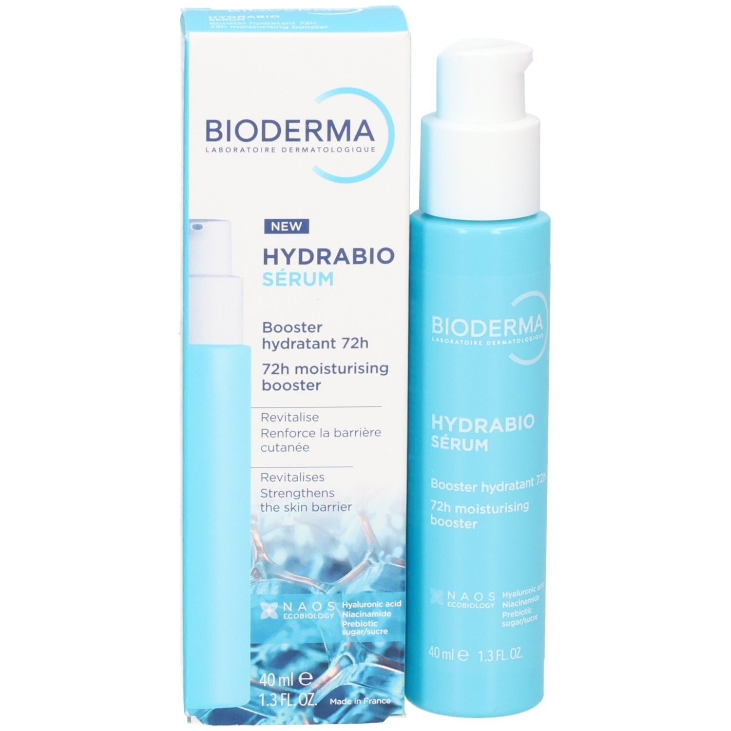 Bioderma Hydrabio Serum 72h Pumpsprühflasche neben der geöffneten Produktverpackung.