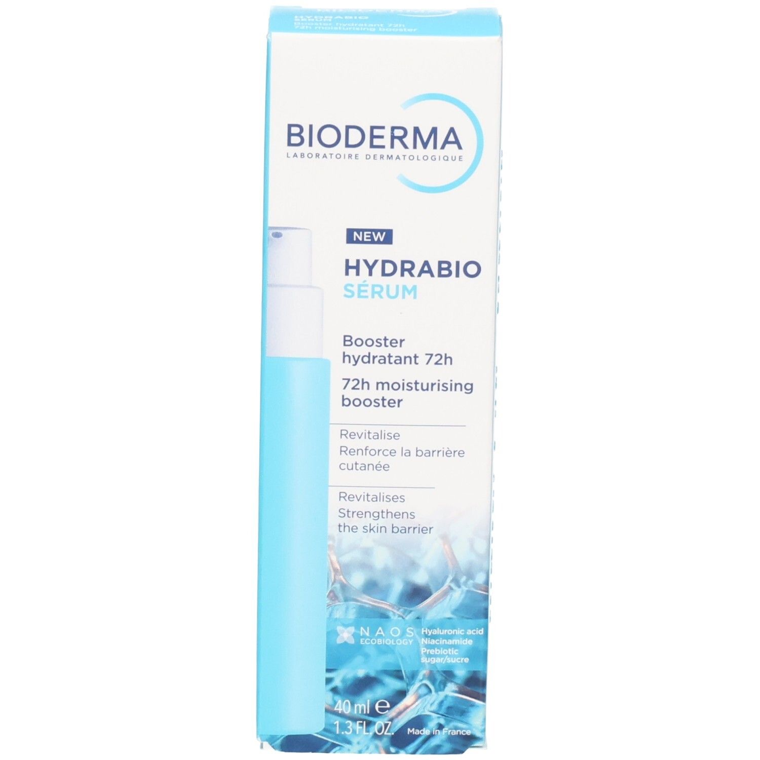 Bioderma Hydrabio Serum 72h Pumpsprühflasche neben der geöffneten Produktverpackung.