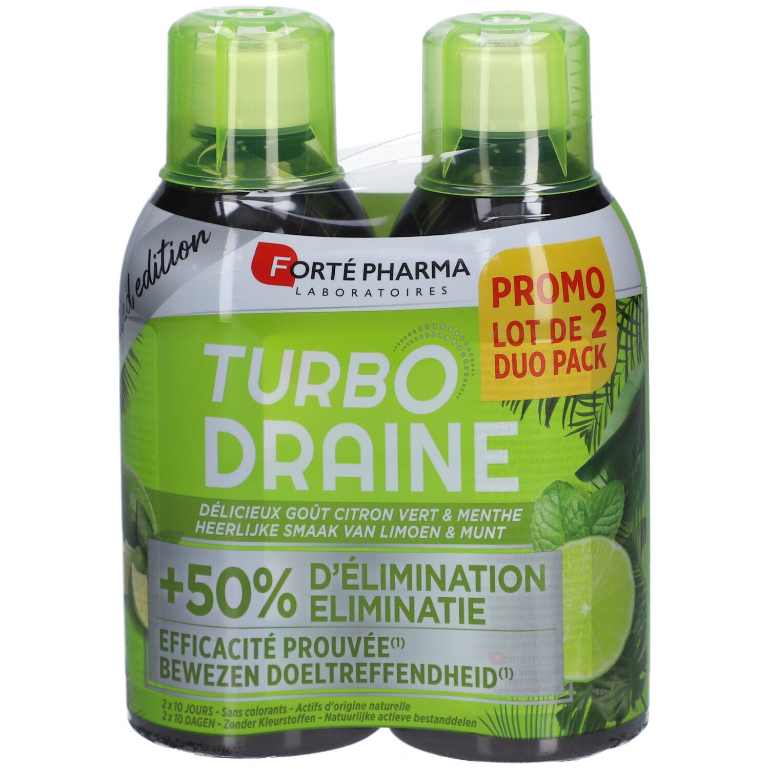Twee flessen Turbo Draine, Duo Pack, limoen-munt. Groene flessen met groene doppen. Verpakking met logo en tekst.