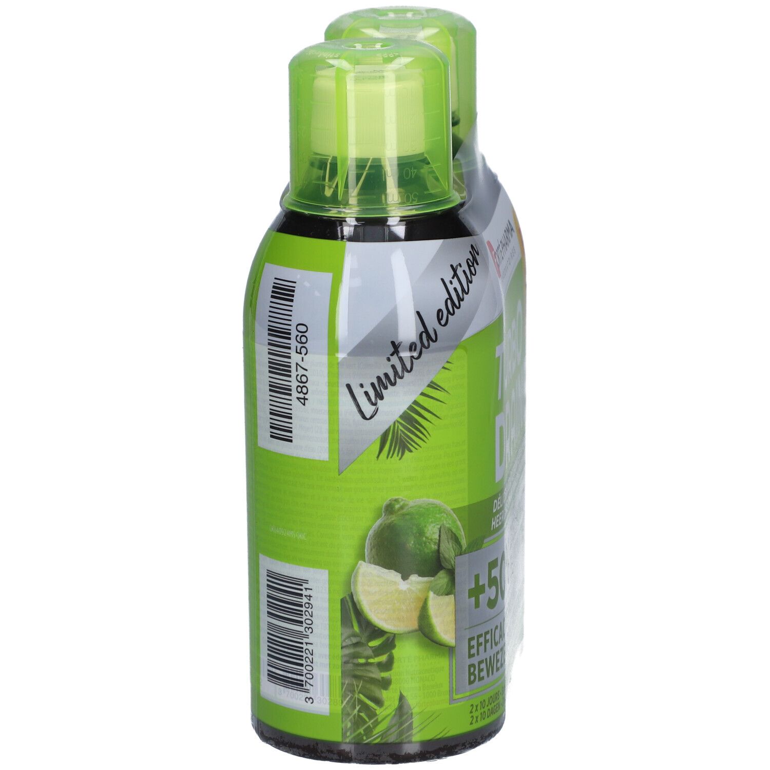 Twee flessen Turbo Draine, limoen-munt. Groene flessen met groene doppen. Verpakking met barcode en tekst.