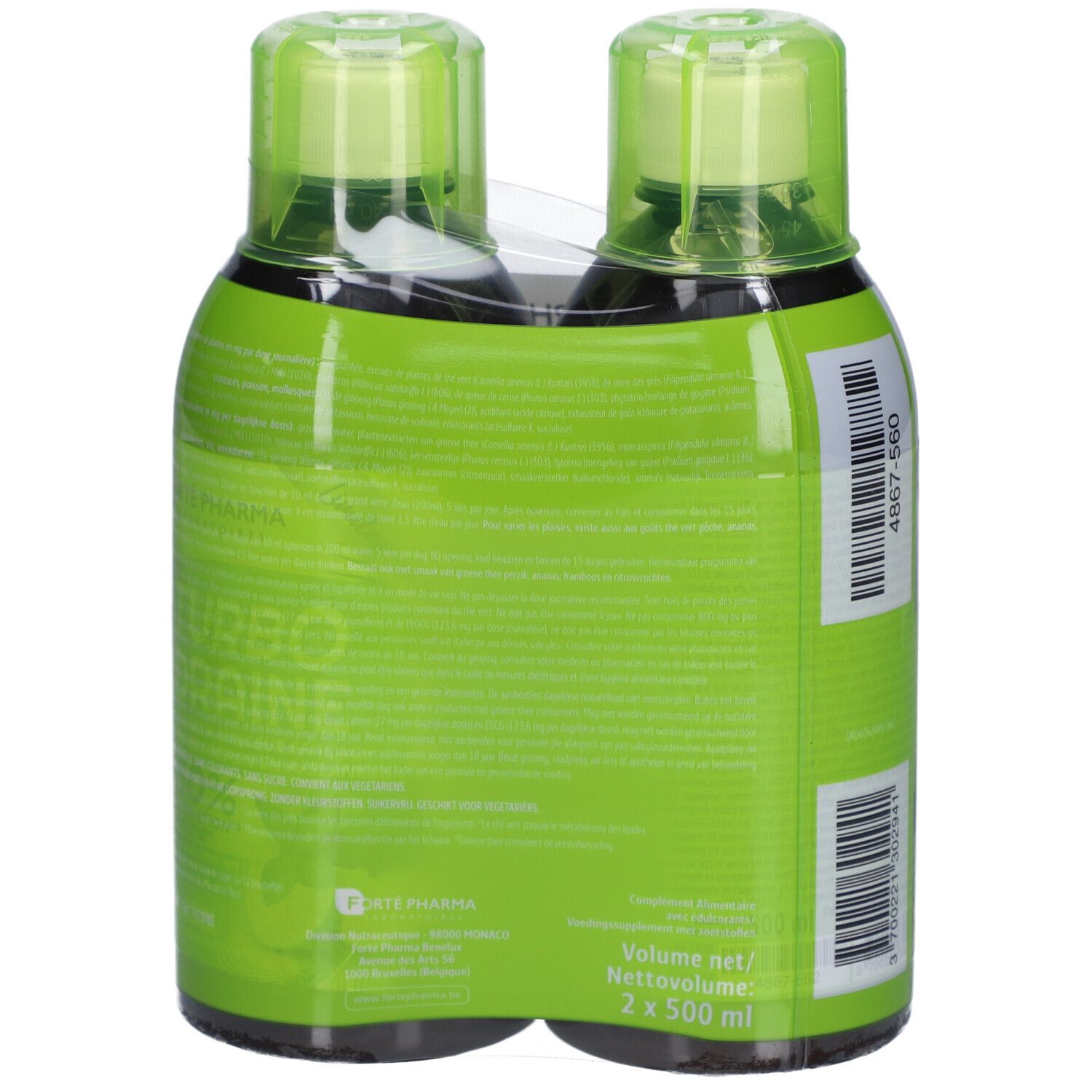 Achterkant van de Turbo Draine duo-verpakking. Groene verpakking met tekst. Twee flessen zichtbaar.