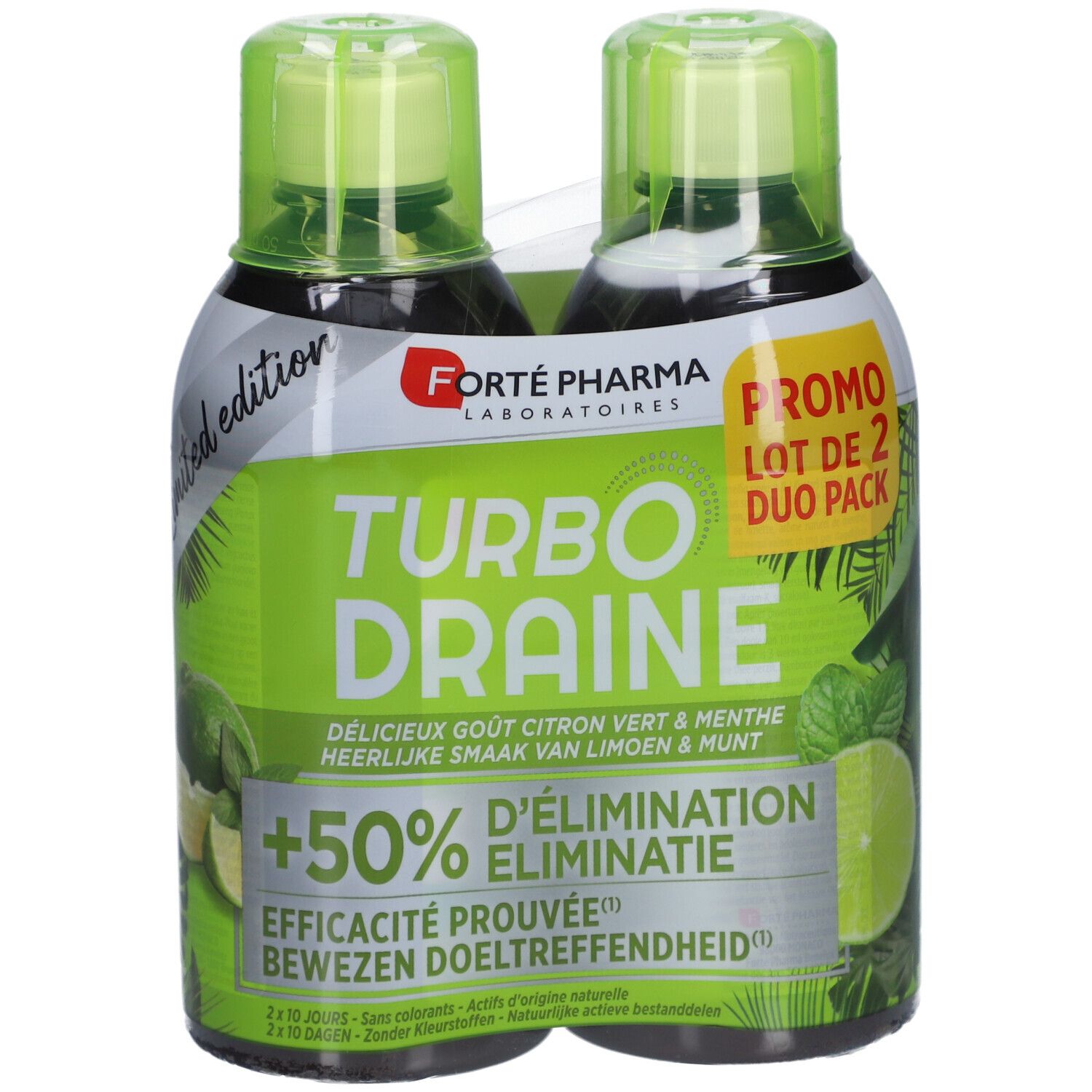 Twee flessen Turbo Draine, Duo Pack, limoen-munt. Groene flessen met groene doppen. Verpakking met logo en tekst.