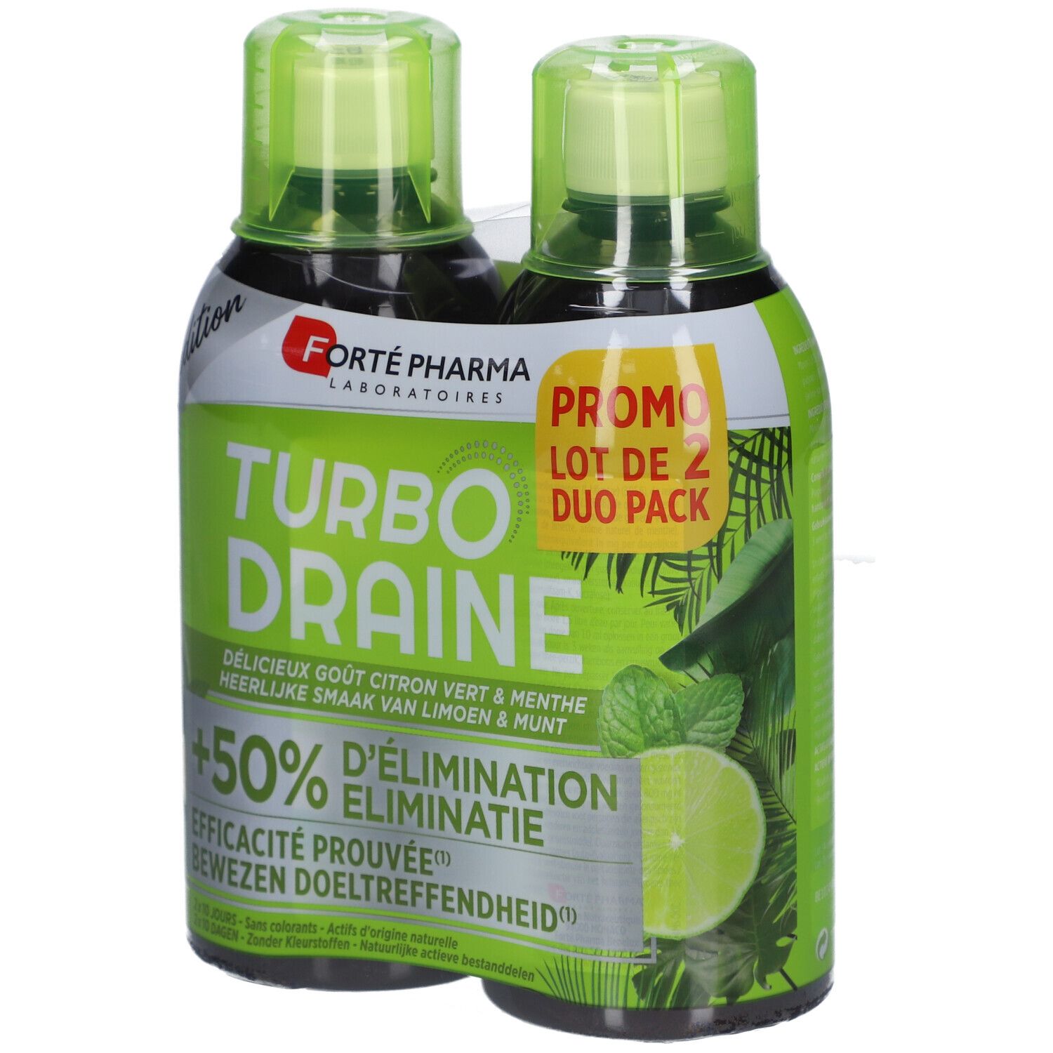 Twee flessen Turbo Draine, Duo Pack, limoen-munt. Groene flessen met groene doppen. Verpakking met logo en tekst.