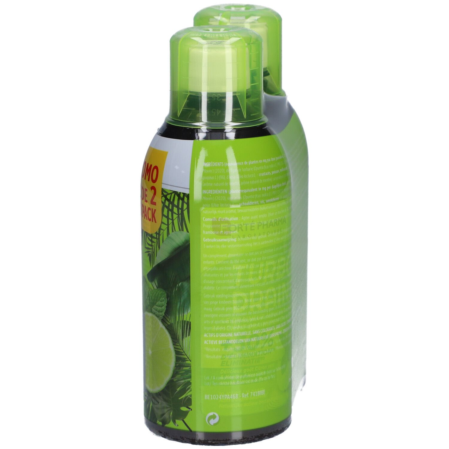 Achterkant van de Turbo Draine duo-verpakking. Groene verpakking met tekst. Twee flessen zichtbaar.