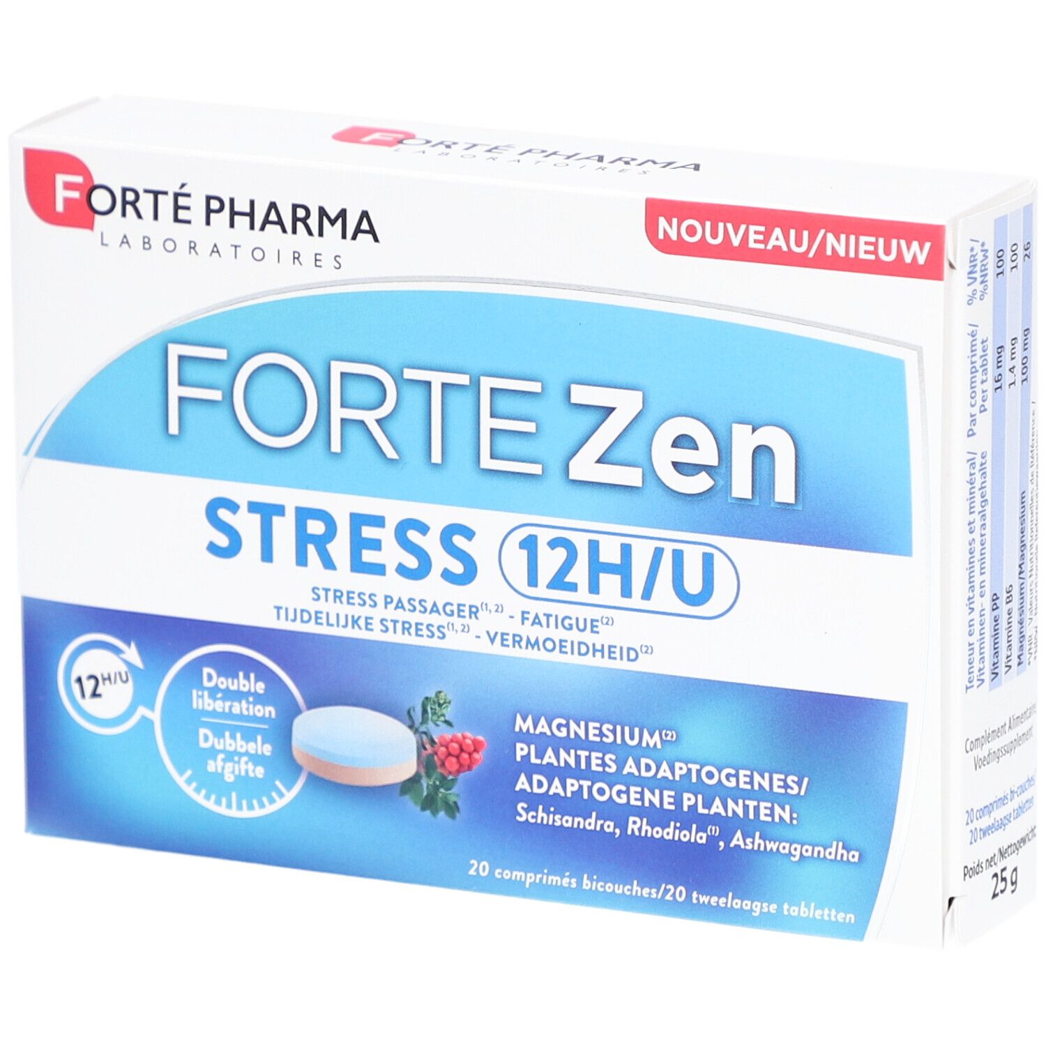 Boîte de Forté Pharma FortéZen Stress 12H/U. Emballage bleu et blanc avec nom du produit et ingrédients.