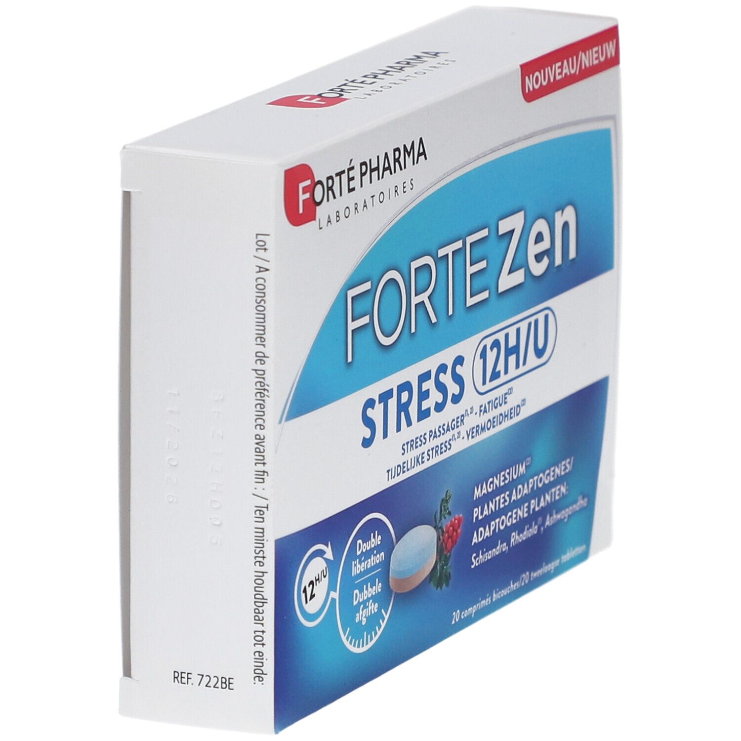 Boîte Forté Pharma FortéZen Stress 12H/U, en biais. Nom du produit et informations sur l'emballage.