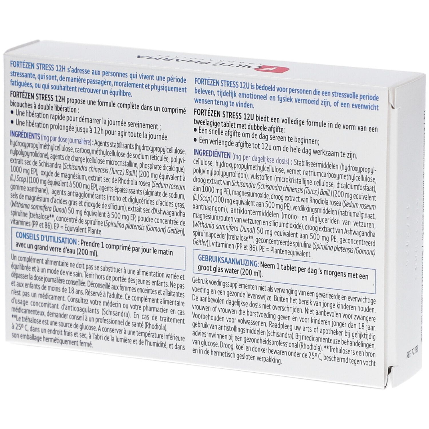Dos de la boîte Forté Pharma FortéZen Stress 12H/U. Texte avec ingrédients et instructions d'utilisation.