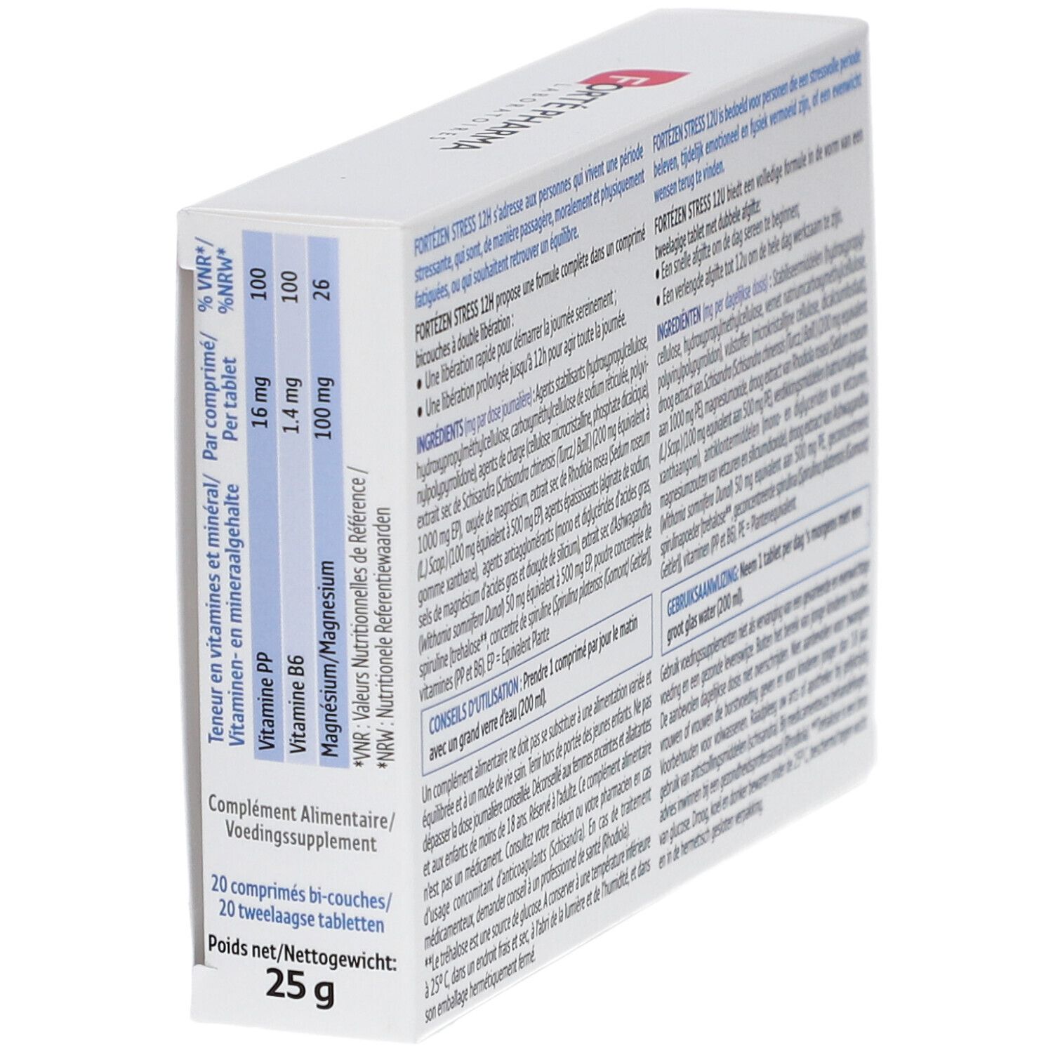 Dos de la boîte Forté Pharma FortéZen Stress 12H/U. Informations nutritionnelles et autres informations.