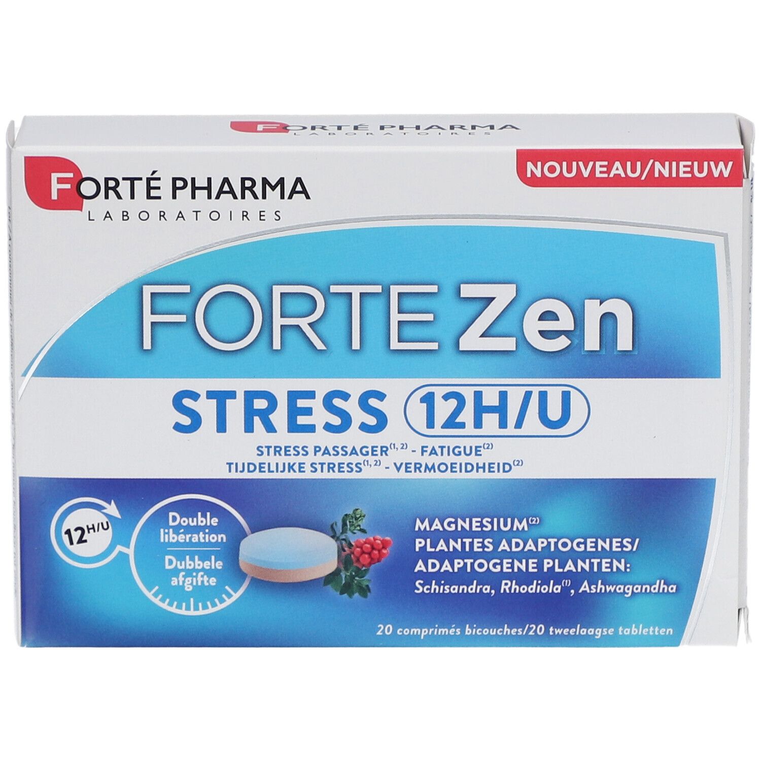 Boîte Forté Pharma FortéZen Stress 12H/U. Emballage bleu et blanc avec nom du produit et ingrédients.