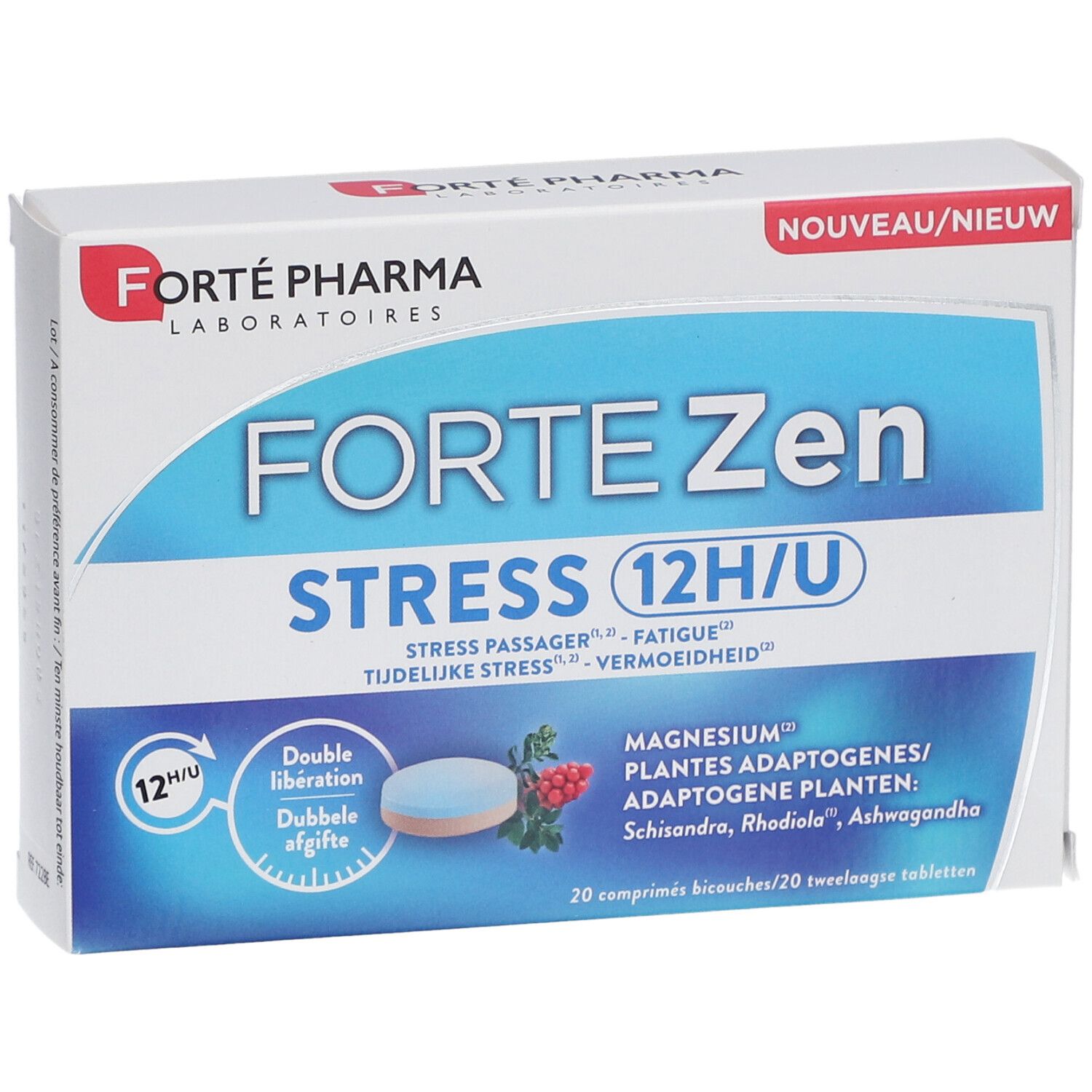 Boîte Forté Pharma FortéZen Stress 12H/U. Emballage bleu et blanc avec nom du produit et ingrédients.