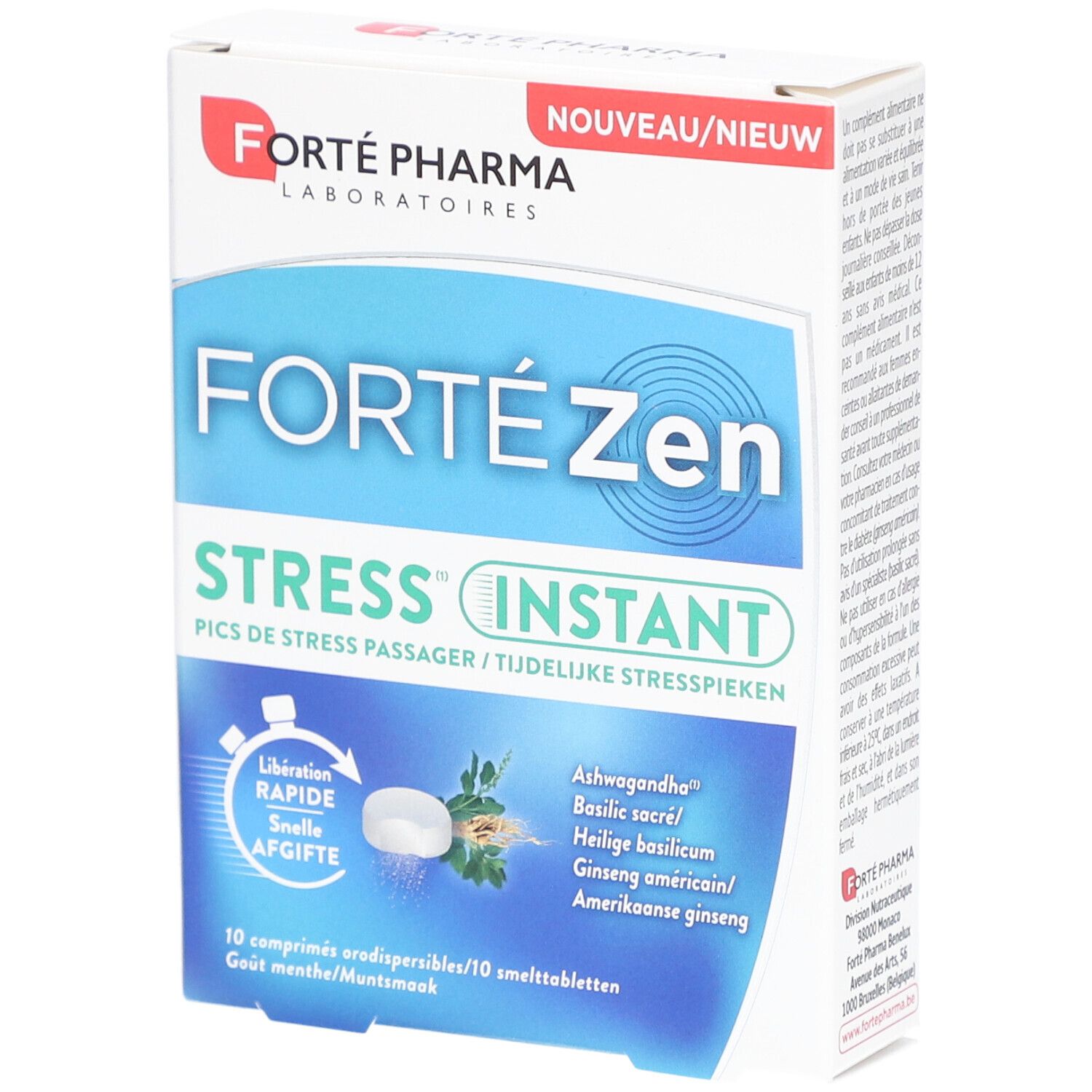 Boîte de comprimés Forte Zen Stress Instant. Emballage bleu et blanc avec nom du produit et ingrédients.