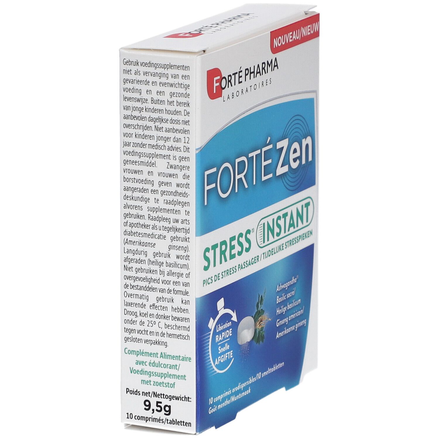 Boîte Forte Zen Stress Instant. Blanche avec nom du produit, ingrédients et logo. Vue en angle.