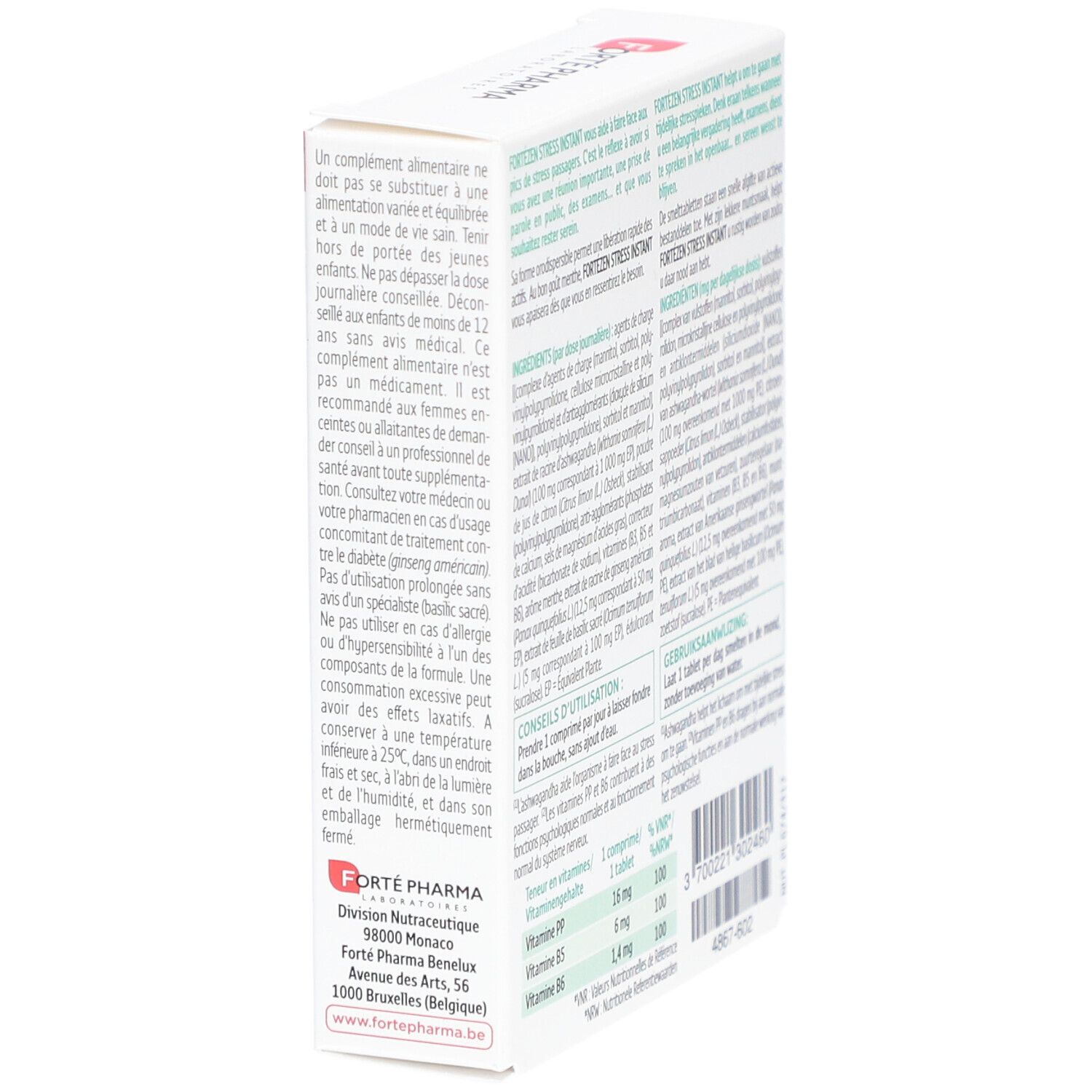 Côté de la boîte Forte Zen Stress Instant. Texte avec ingrédients, mode d'emploi et informations nutritionnelles.