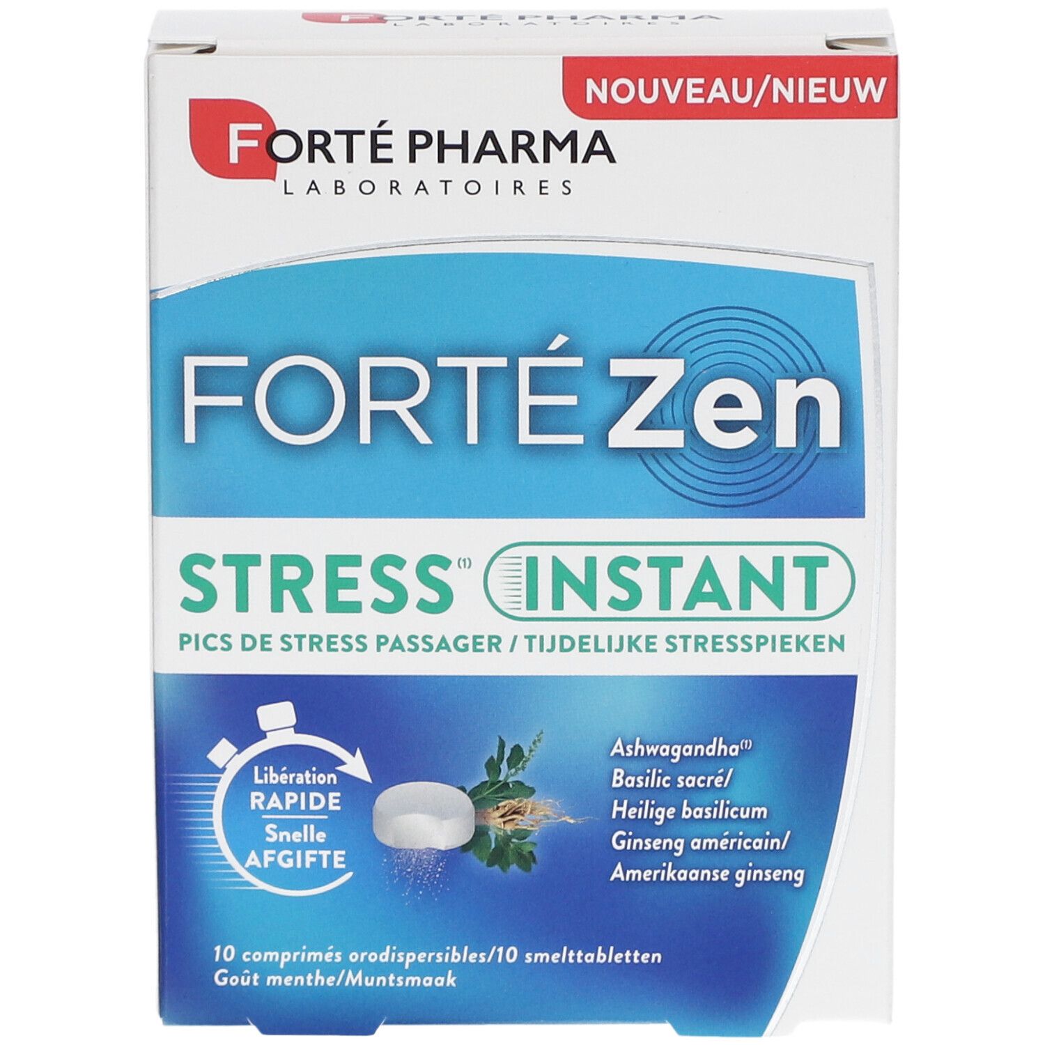 Boîte Forte Zen Stress Instant. Emballage bleu et blanc avec nom du produit et ingrédients. Vue de face.