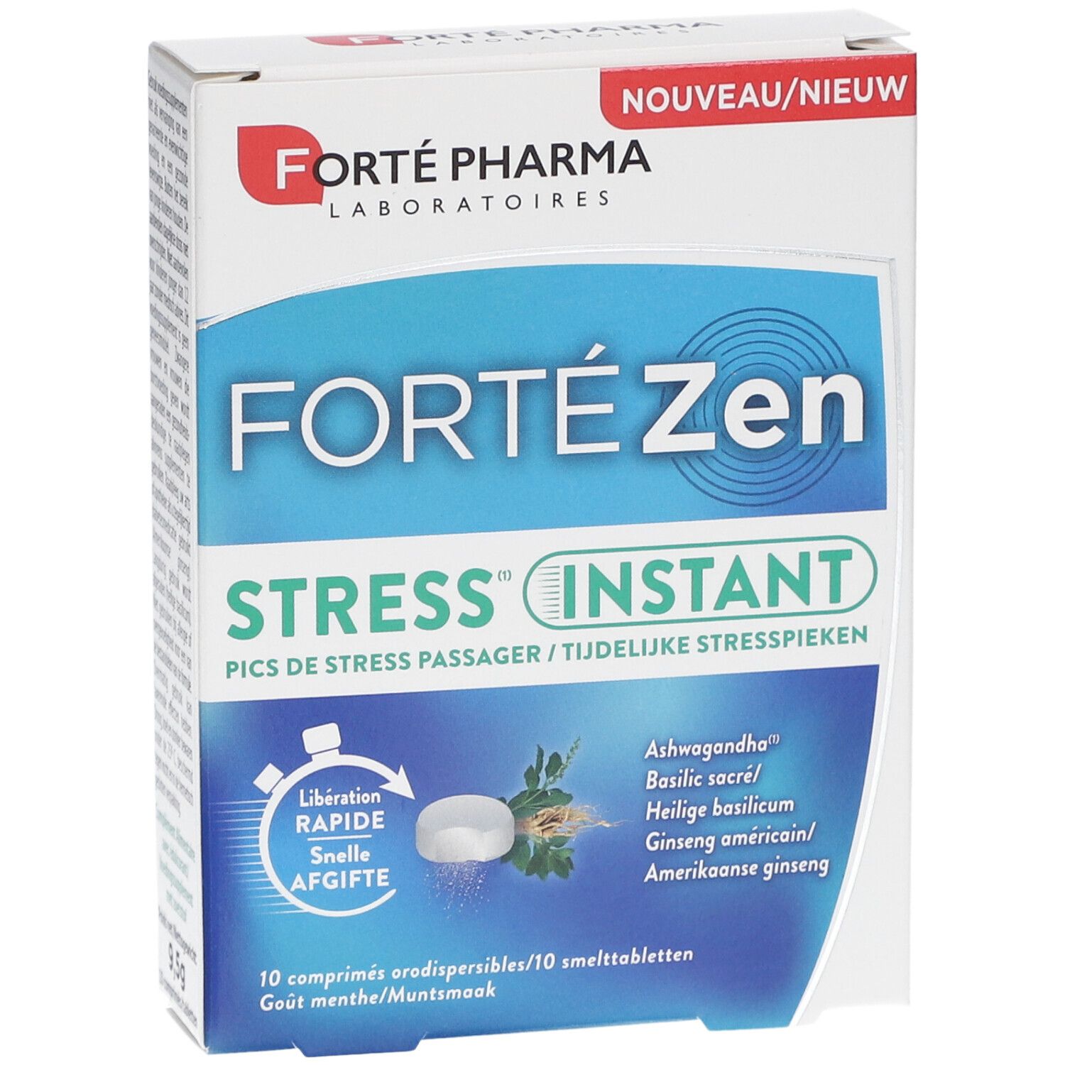 Boîte Forte Zen Stress Instant. Emballage bleu et blanc avec nom du produit et ingrédients. Vue de face.