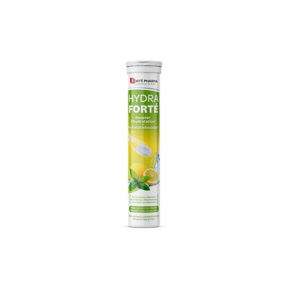 Cilindrische tube met tabletten. Opschrift: Hydra Forté, Booster d'hydratation. Illustratie citroen en munt.