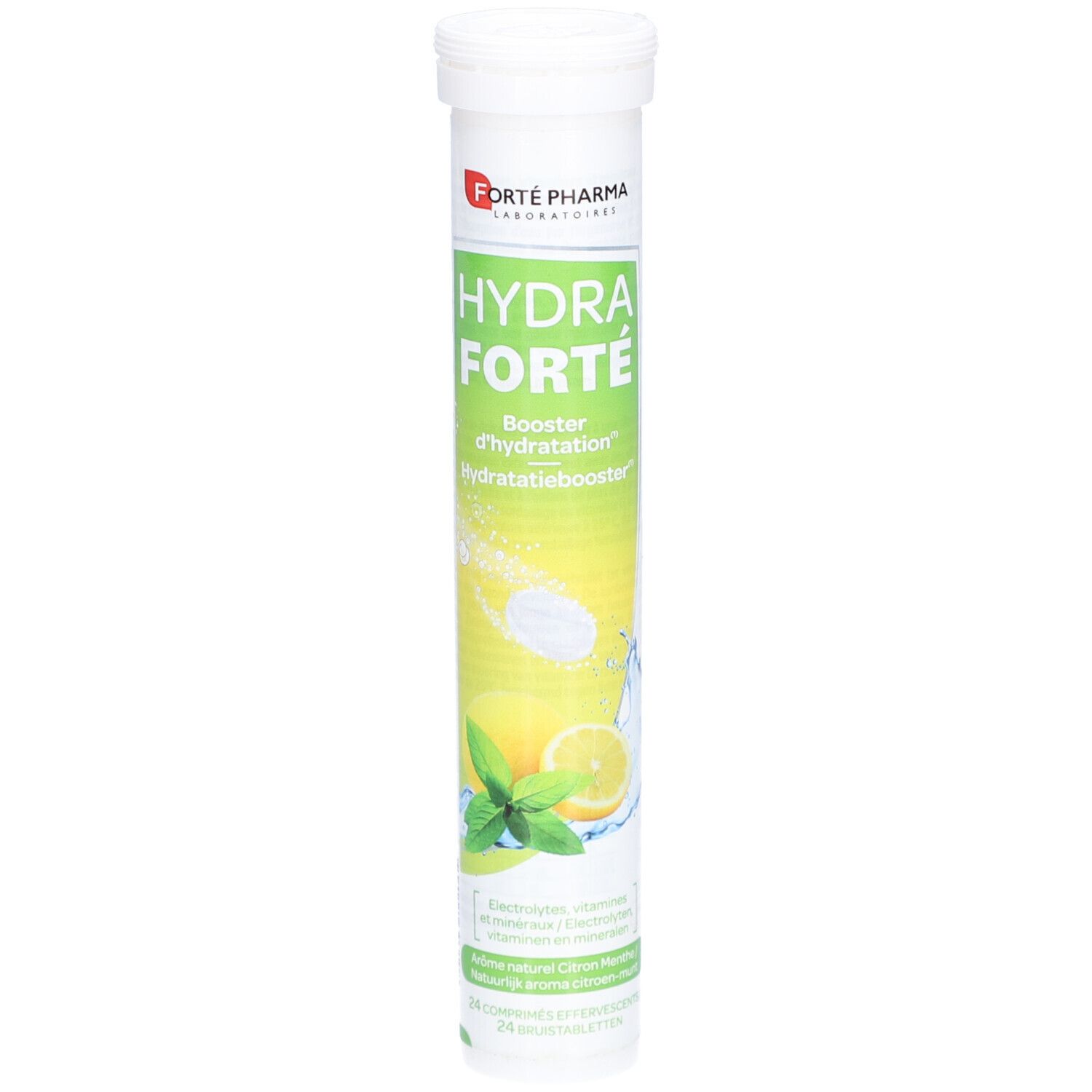 Cilindrische tube met tabletten. Opschrift: Hydra Forté, Booster d'hydratation. Illustratie citroen en munt.