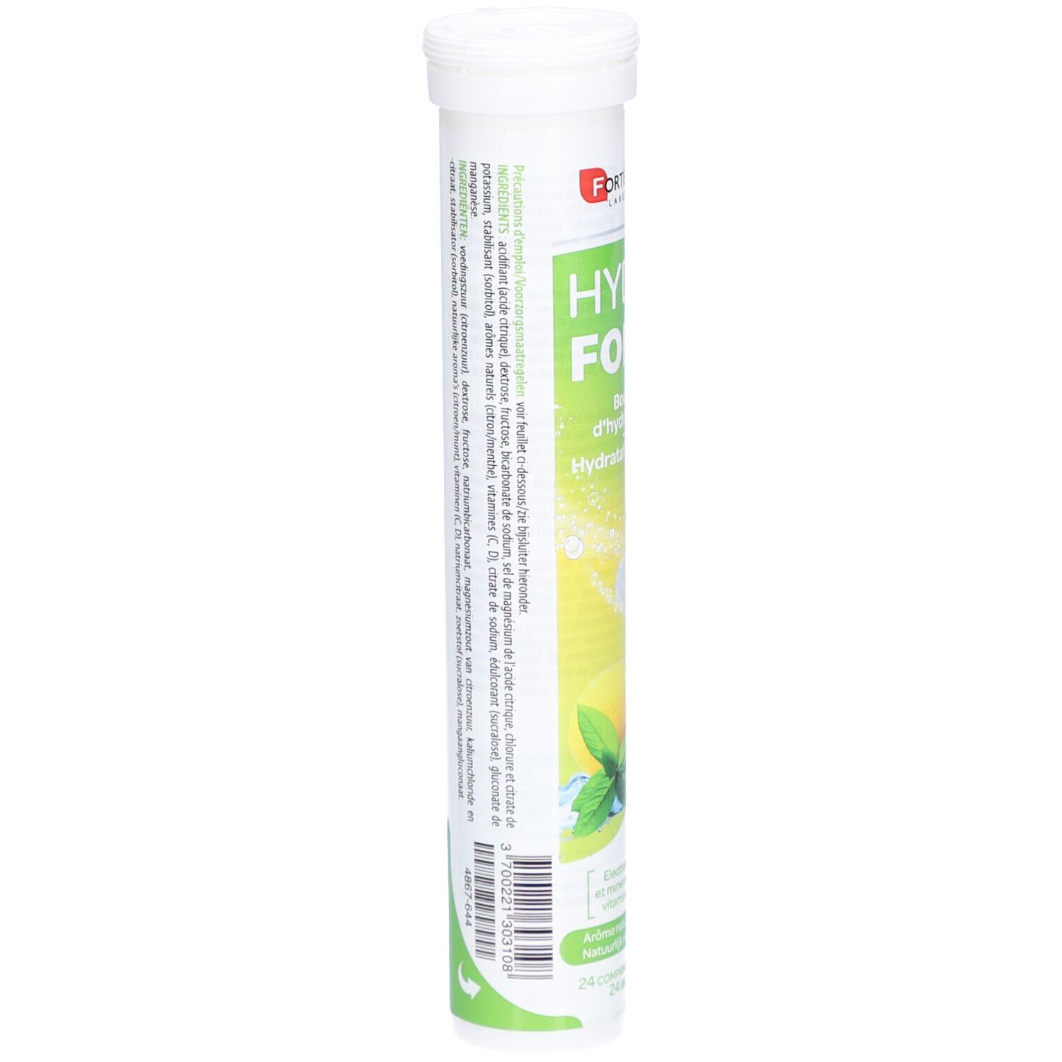 Cilindrische tube met tekst. Opschrift: Hydra Forté. Achterkant met productinformatie en ingrediënten.