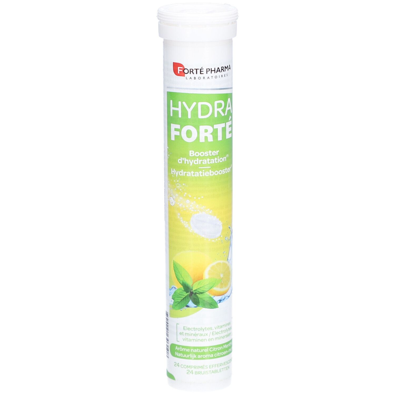 Cilindrische tube met tabletten. Opschrift: Hydra Forté, Booster d'hydratation. Illustratie citroen en munt.