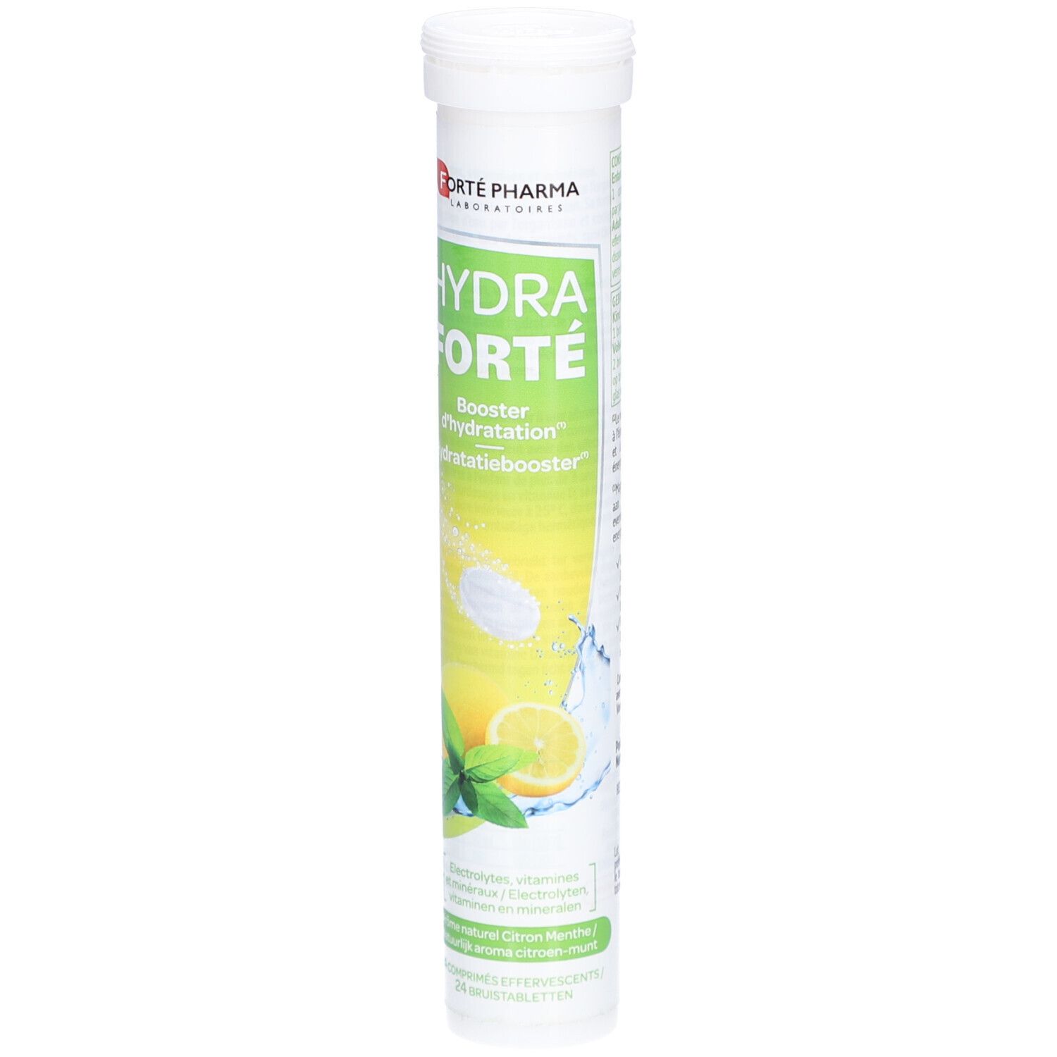 Cilindrische tube met tabletten. Opschrift: Hydra Forté, Booster d'hydratation. Illustratie citroen en munt.