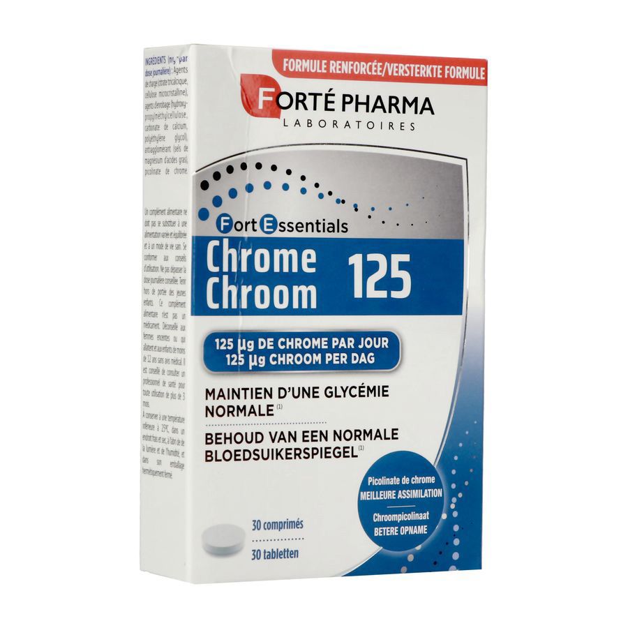 Emballage Forté Pharma Chrom 125. Boîte bleue et blanche. Contient 30 comprimés. Texte : 125 µg de chrome par jour.