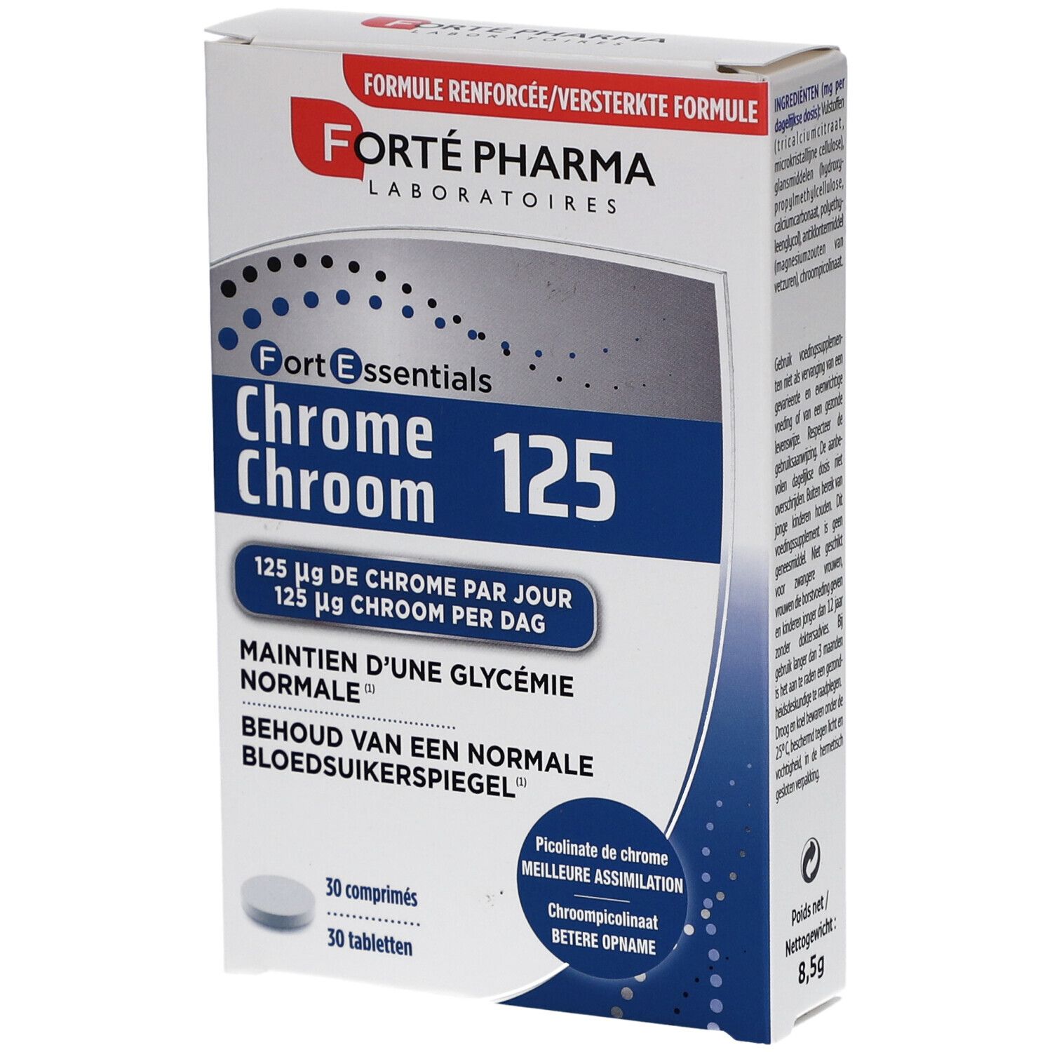 Boîte de Forté Pharma Chrom 125. Emballage bleu et blanc. Contient 30 comprimés. Texte : 125 µg de chrome par jour.