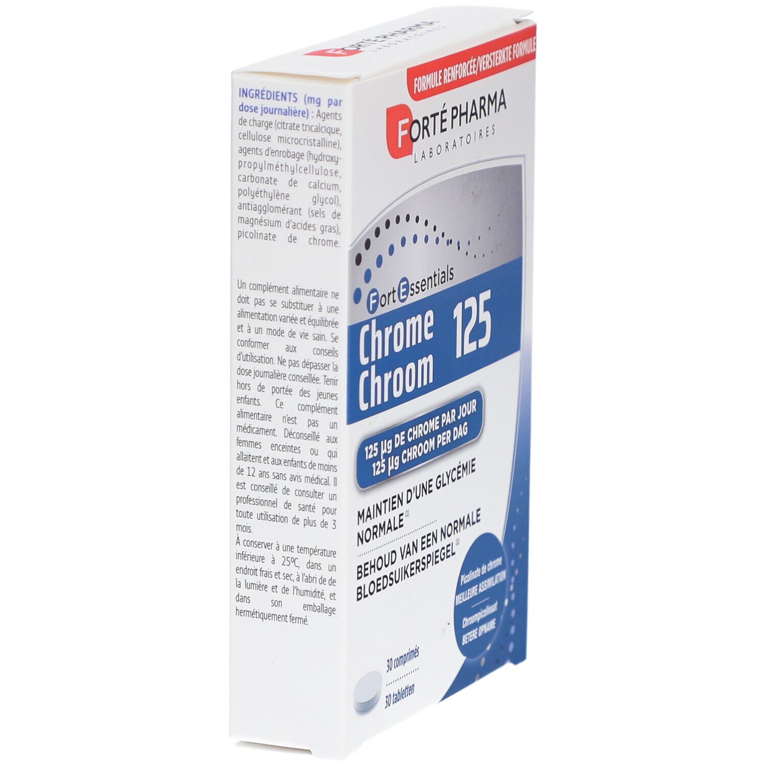 Emballage de Forté Pharma Chrom 125. Contient ingrédients et instructions. Blanc avec des accents bleus. 30 comprimés.