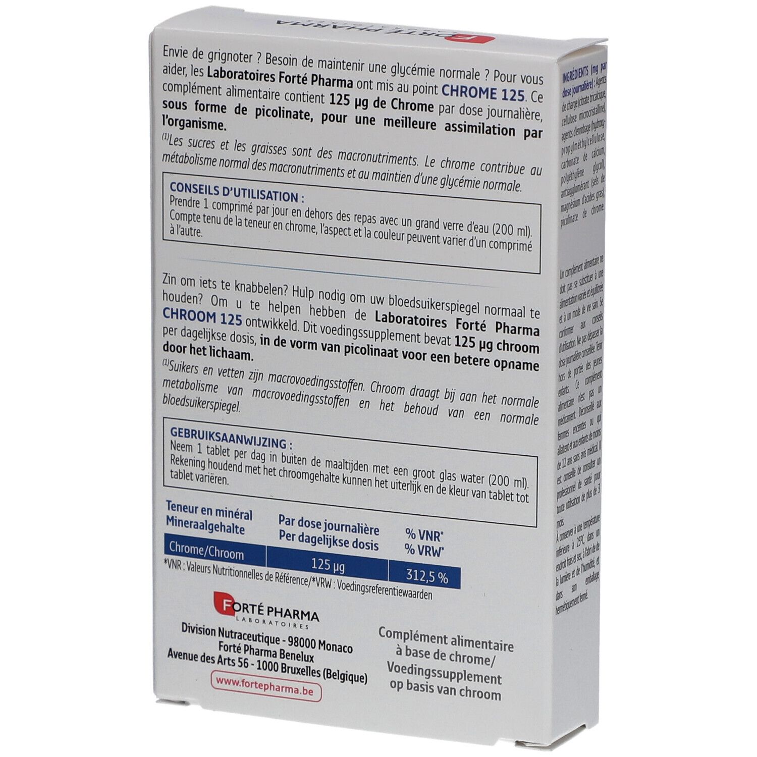 Dos de l'emballage de Forté Pharma Chrom 125. Contient des informations sur l'utilisation et les ingrédients. Texte multilingue.