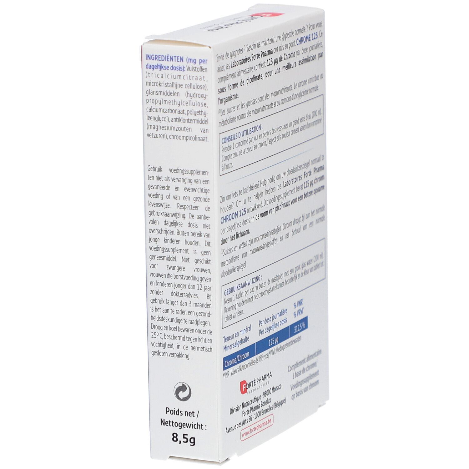 Vue latérale de l'emballage de Forté Pharma Chrom 125. Contient des informations sur les ingrédients et le poids. Blanc et bleu.