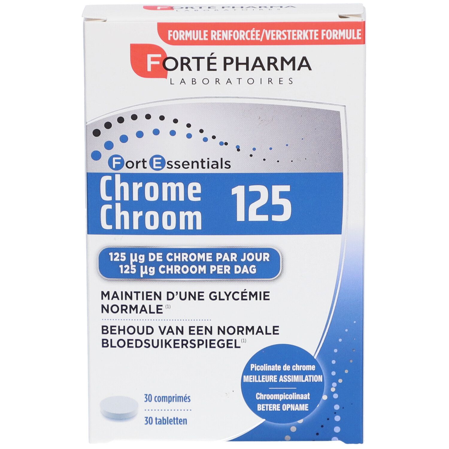 Emballage Forté Pharma Chrom 125. Boîte bleue et blanche. Contient 30 comprimés. Texte : 125 µg de chrome par jour.