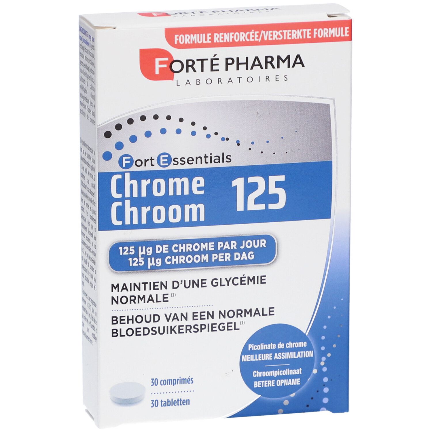 Emballage Forté Pharma Chrom 125. Boîte bleue et blanche. Contient 30 comprimés. Texte : 125 µg de chrome par jour.