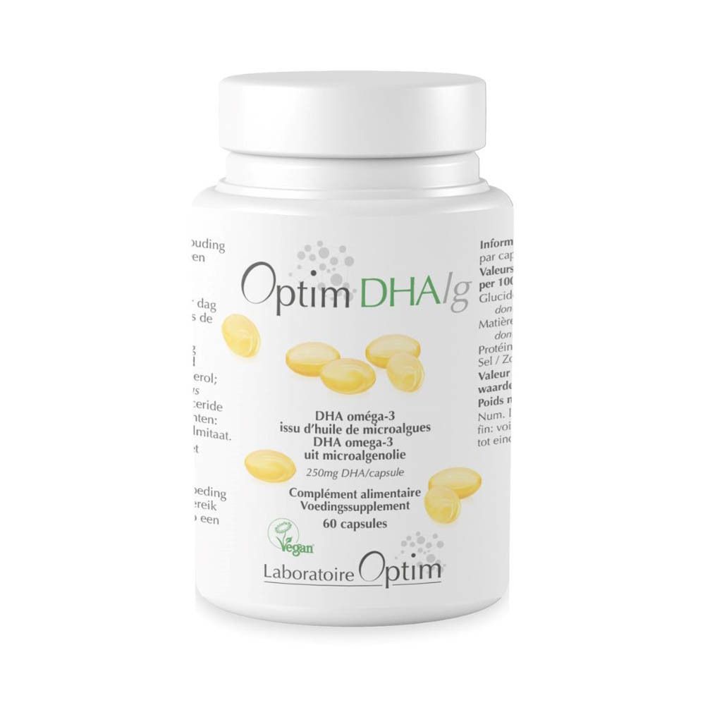 Witte fles met capsules. Opschrift: Optim DHA/g, DHA omega-3 uit microalgenolie, 60 capsules. Vegan keurmerk.