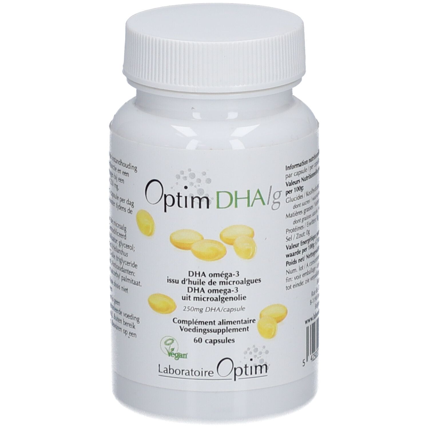 Weiße Flasche mit Kapseln. Aufschrift: Optim DHA/g, DHA Omega-3 aus Mikroalgenöl, 60 Kapseln. Vegan-Siegel.