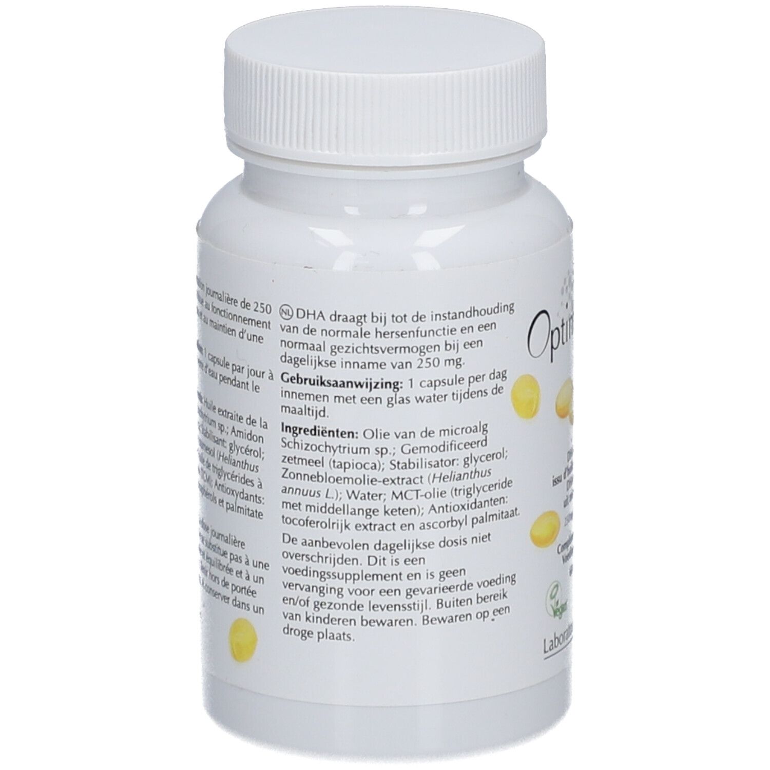 Rückseite der weißen Flasche. Text: Gebrauchsanweisung, Inhaltsstoffe, veganes Siegel, Laboratoire Optim.
