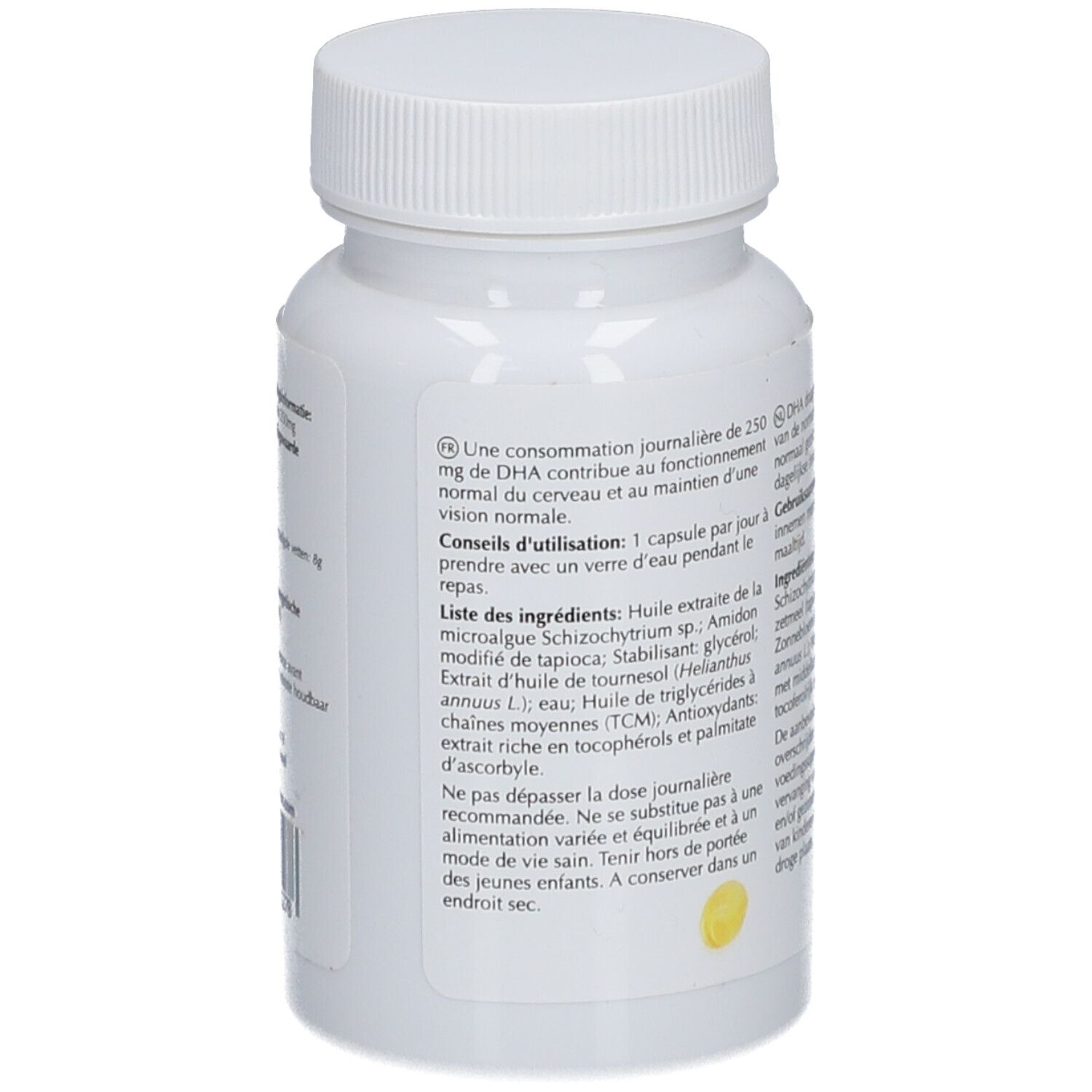 Rückseite der weißen Flasche. Text: Gebrauchsanweisung, Inhaltsstoffe, veganes Siegel, Laboratoire Optim.